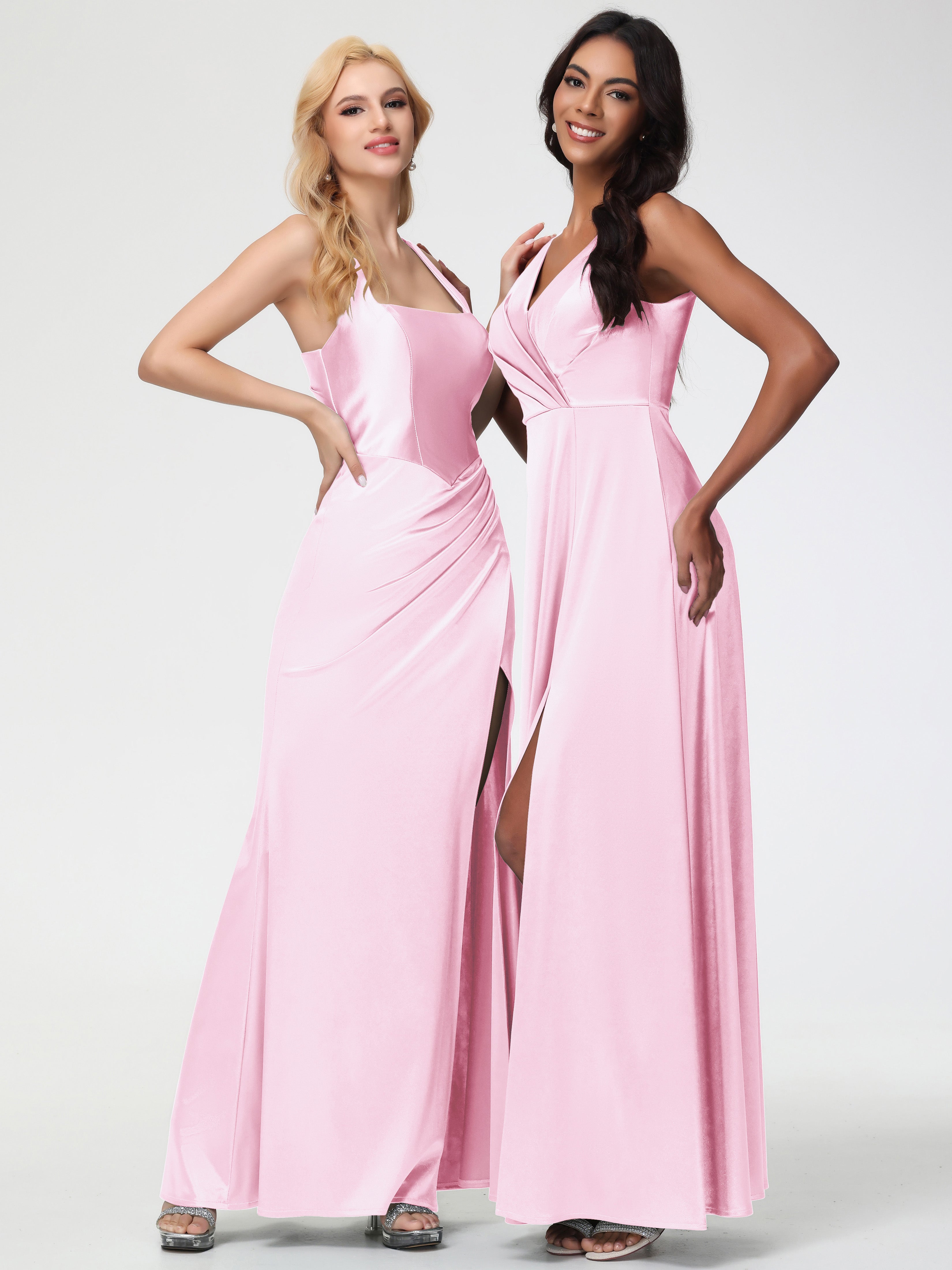 Blushing Pink Formal Dress Sleeveless Stretch Satin V-Neck Floor Length A Line Long Stretch Satin Formal Dresses