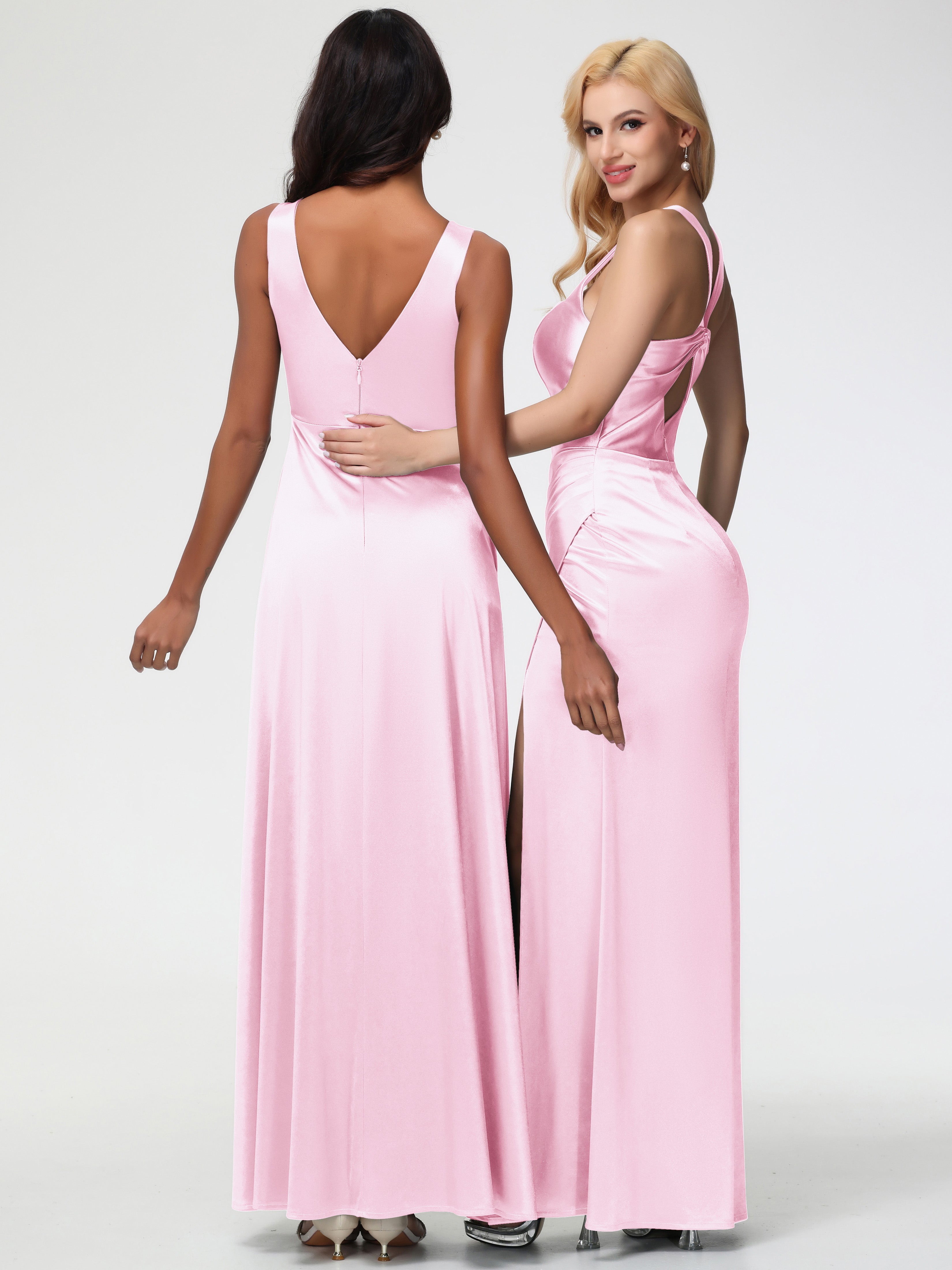 Blushing Pink Formal Dress Sleeveless Stretch Satin V-Neck Floor Length A Line Long Stretch Satin Formal Dresses