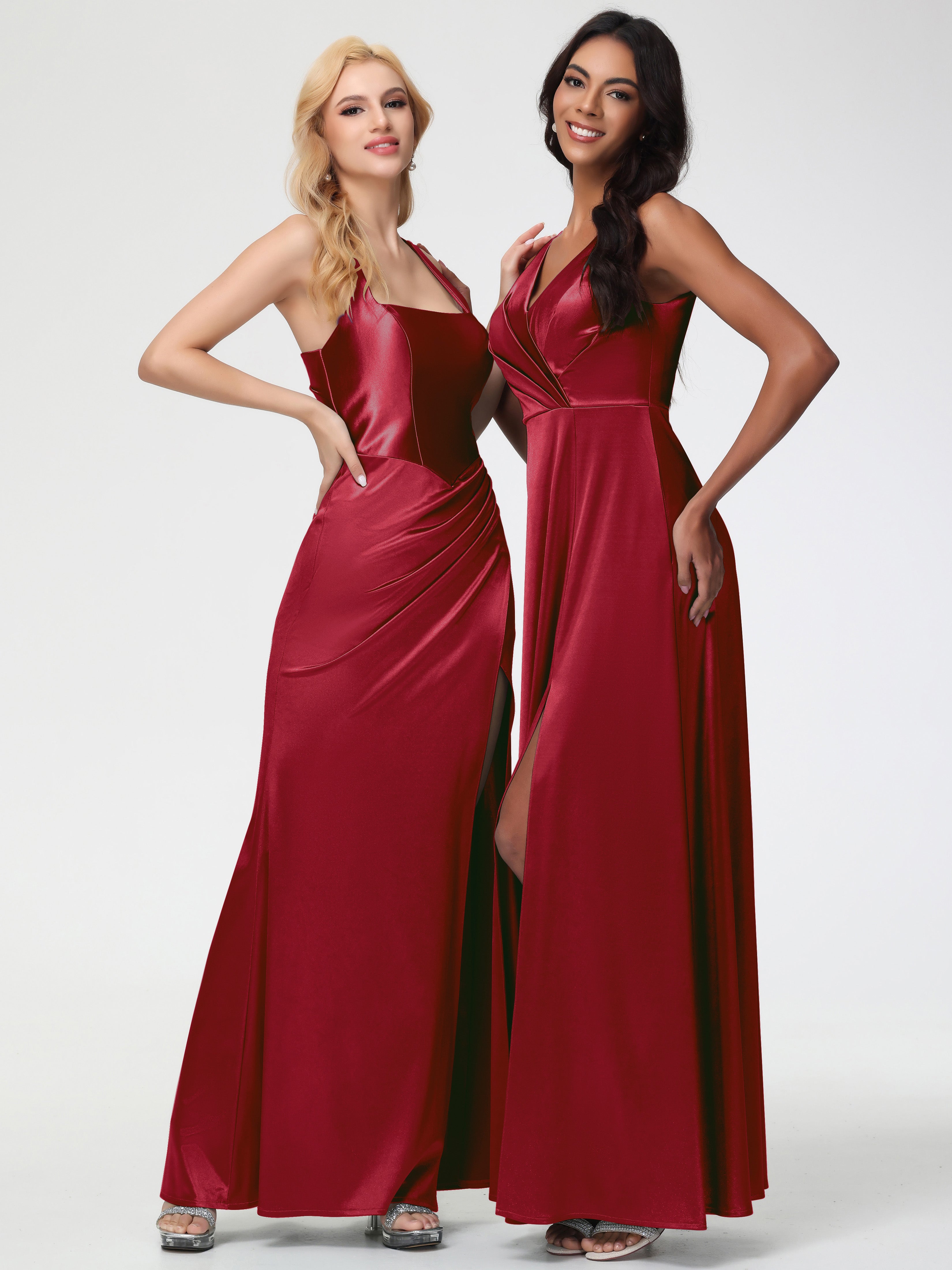 Long Burgundy Formal Dresses Sleeveless Stretch Satin V-Neck Floor Length A Line Long Stretch Satin Formal Dresses