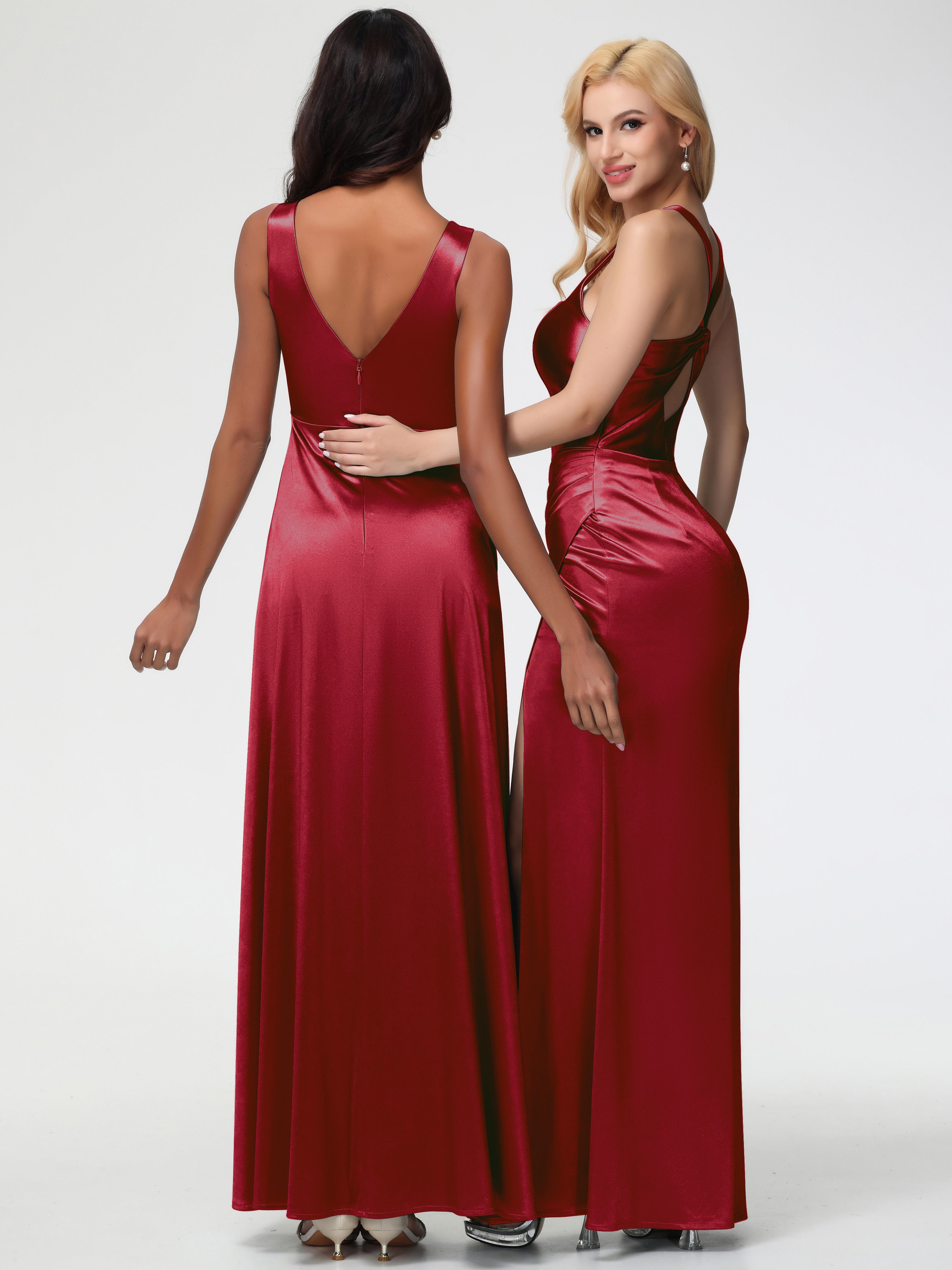 Long Burgundy Formal Dresses Sleeveless Stretch Satin V-Neck Floor Length A Line Long Stretch Satin Formal Dresses