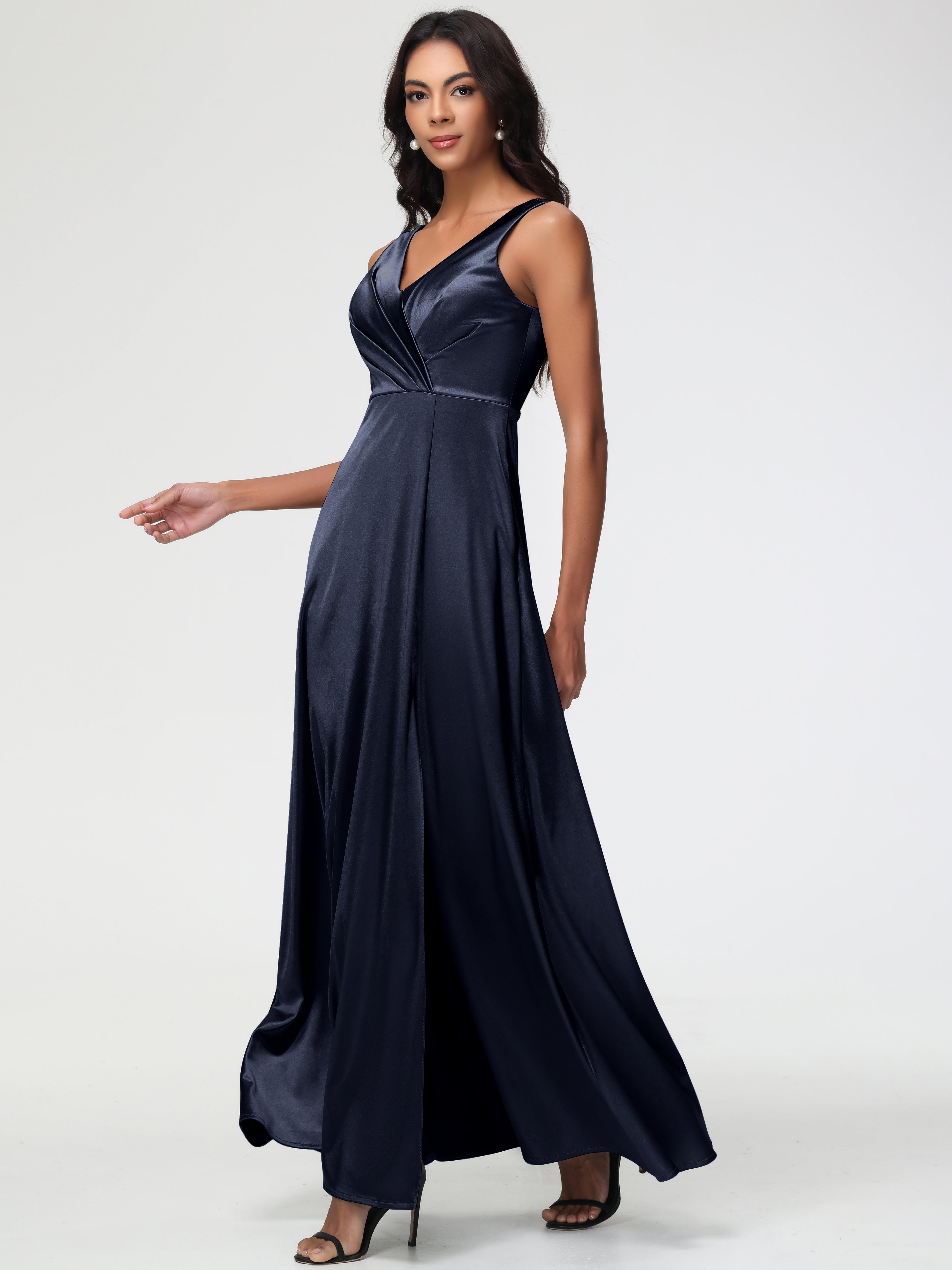 Dark Navy Formal Dress Sleeveless Stretch Satin V-Neck Floor Length A Line Long Stretch Satin Formal Dresses