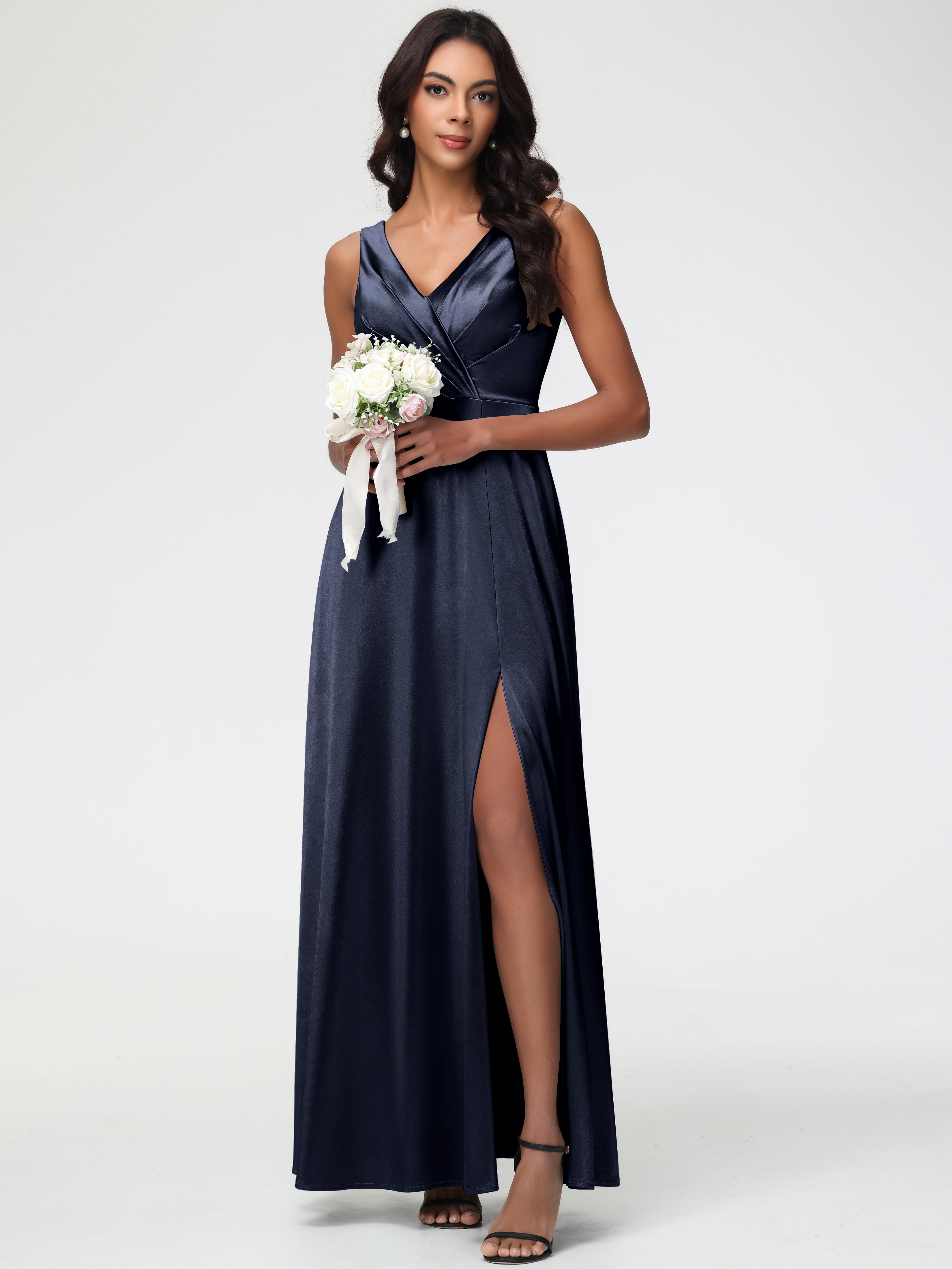 Dark Navy Formal Dress Sleeveless Stretch Satin V-Neck Floor Length A Line Long Stretch Satin Formal Dresses