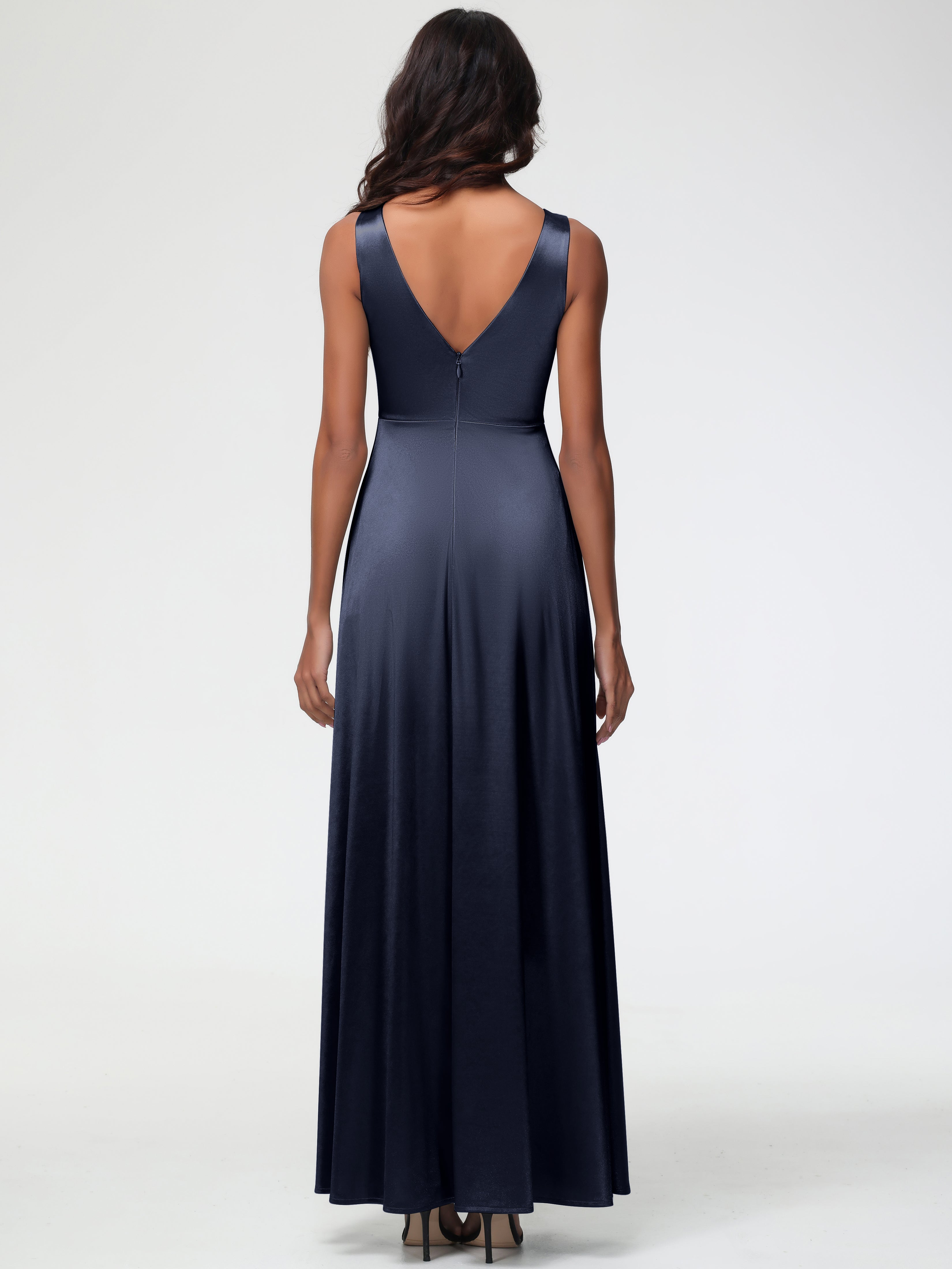 Dark Navy Formal Dress Sleeveless Stretch Satin V-Neck Floor Length A Line Long Stretch Satin Formal Dresses