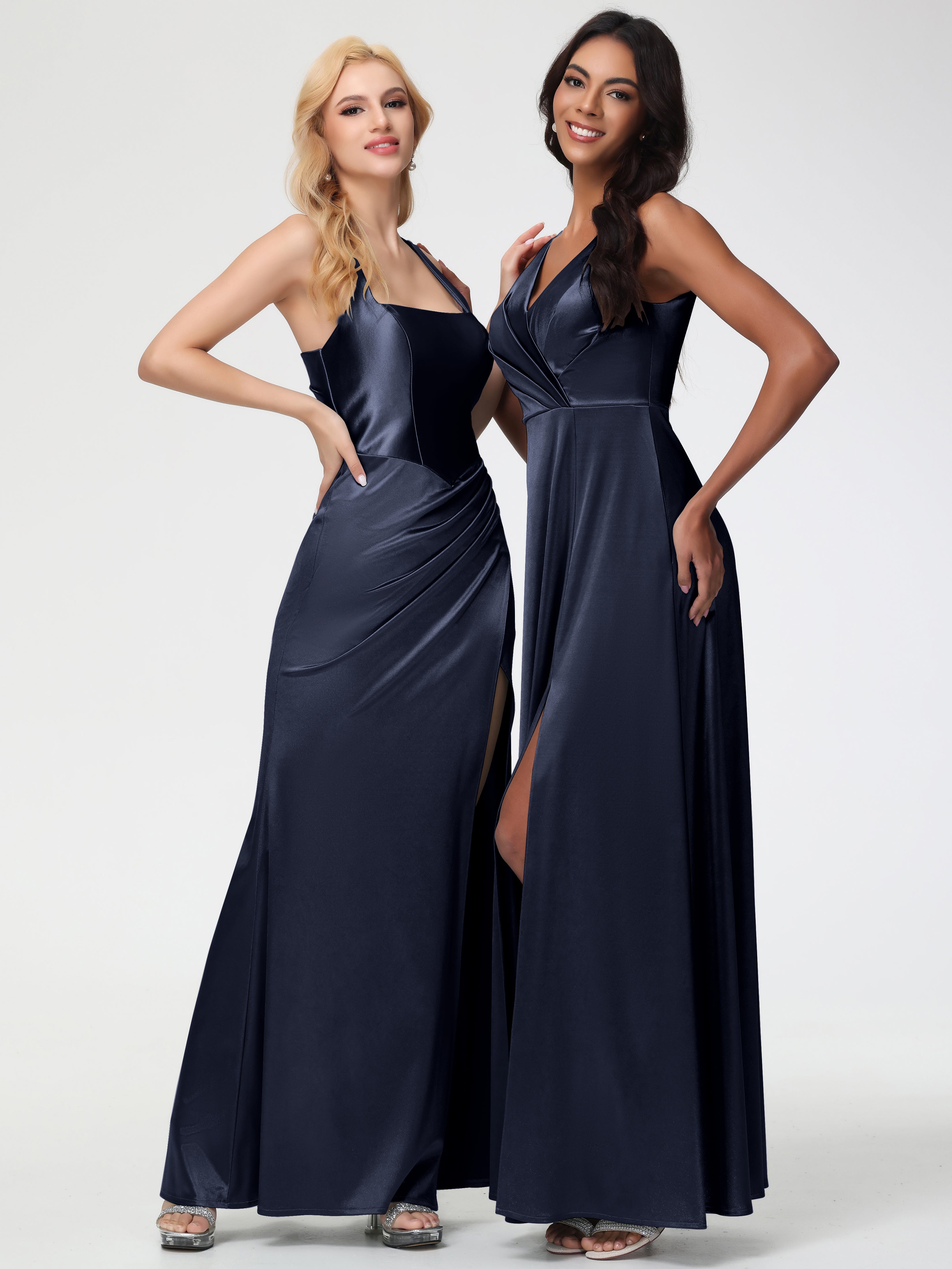 Dark Navy Formal Dress Sleeveless Stretch Satin V-Neck Floor Length A Line Long Stretch Satin Formal Dresses