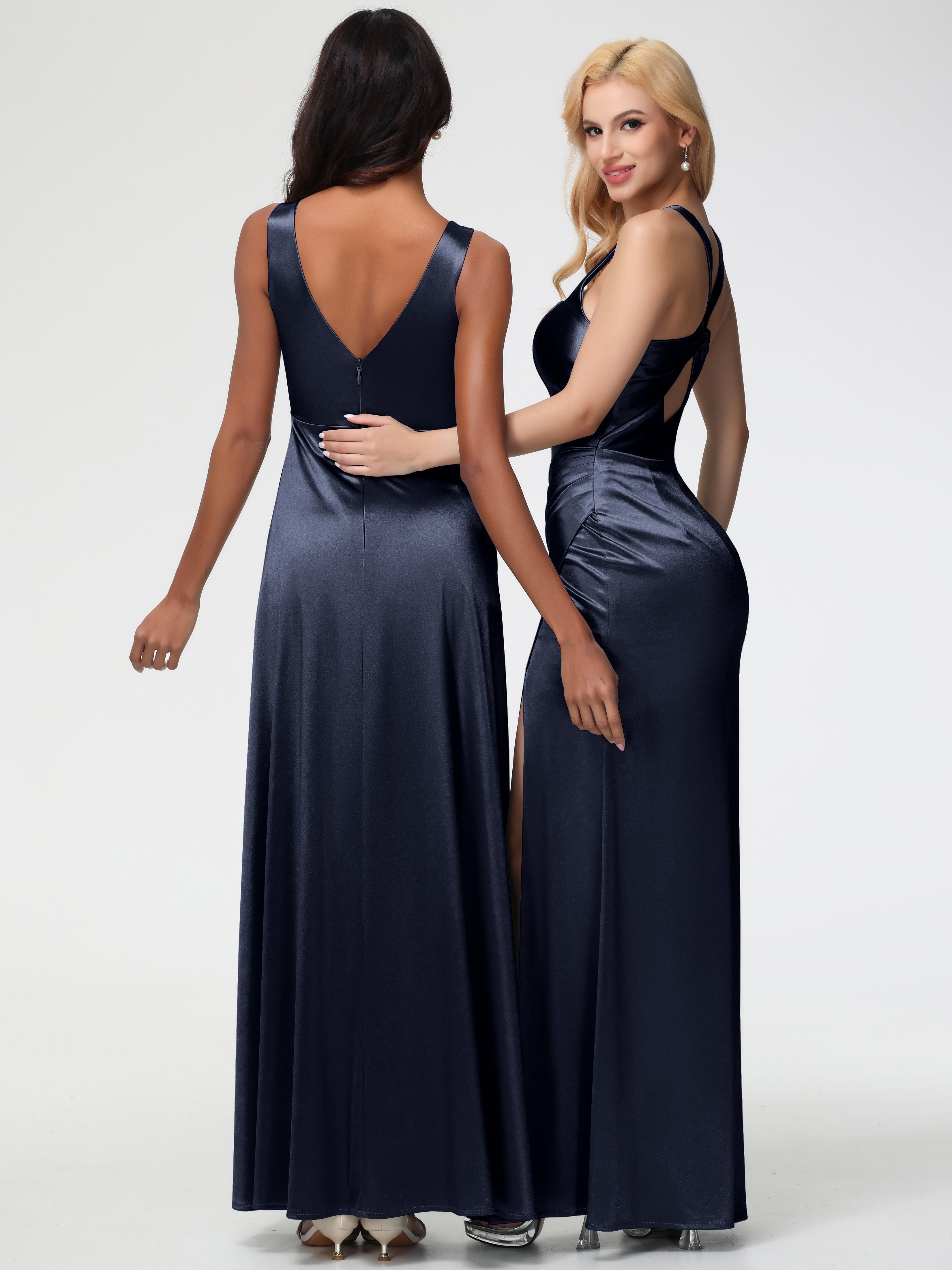 Dark Navy Formal Dress Sleeveless Stretch Satin V-Neck Floor Length A Line Long Stretch Satin Formal Dresses