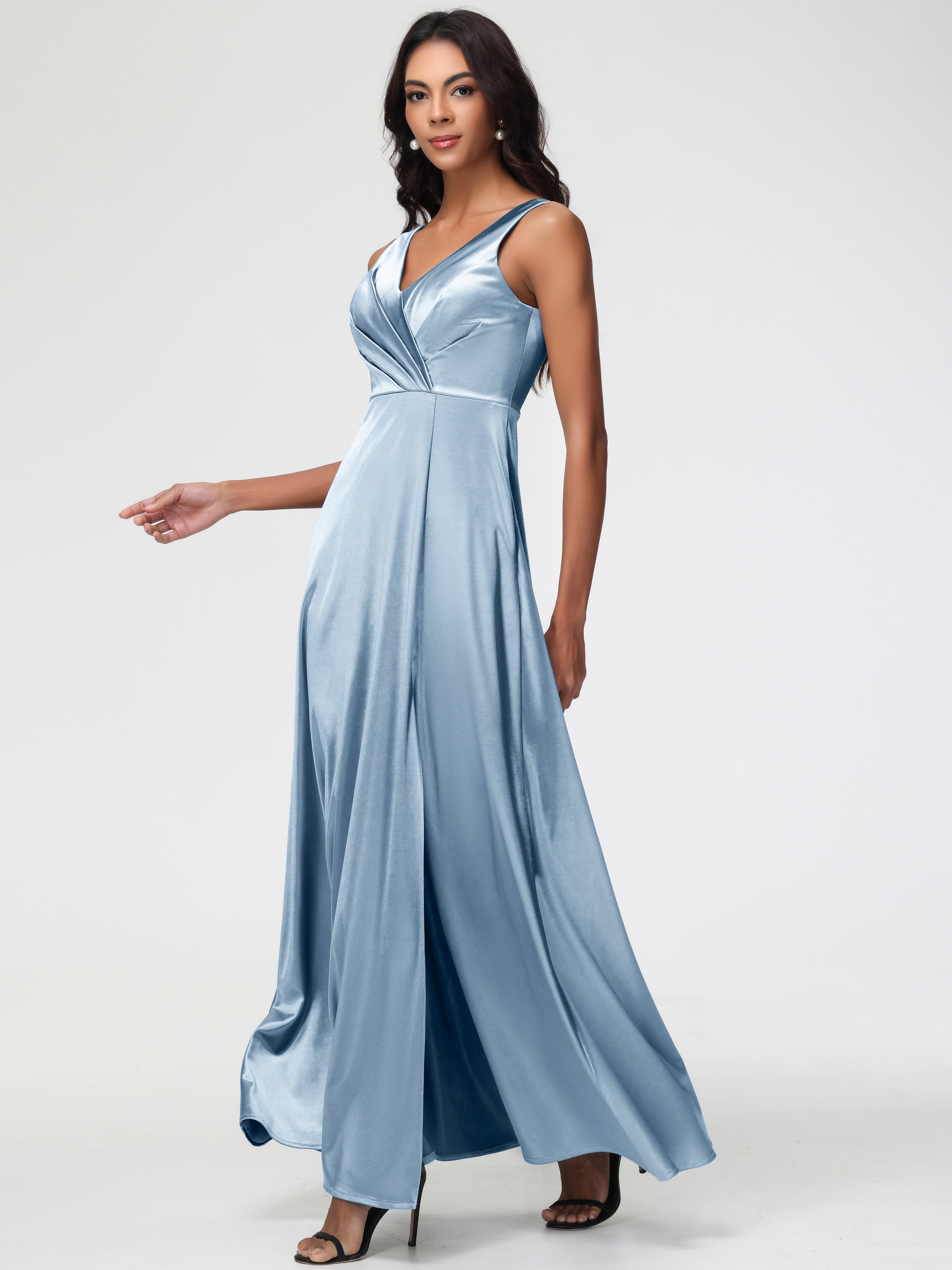 Dusty Blue Formal Dresses Sleeveless Stretch Satin V-Neck Floor Length A Line Long Stretch Satin Formal Dresses