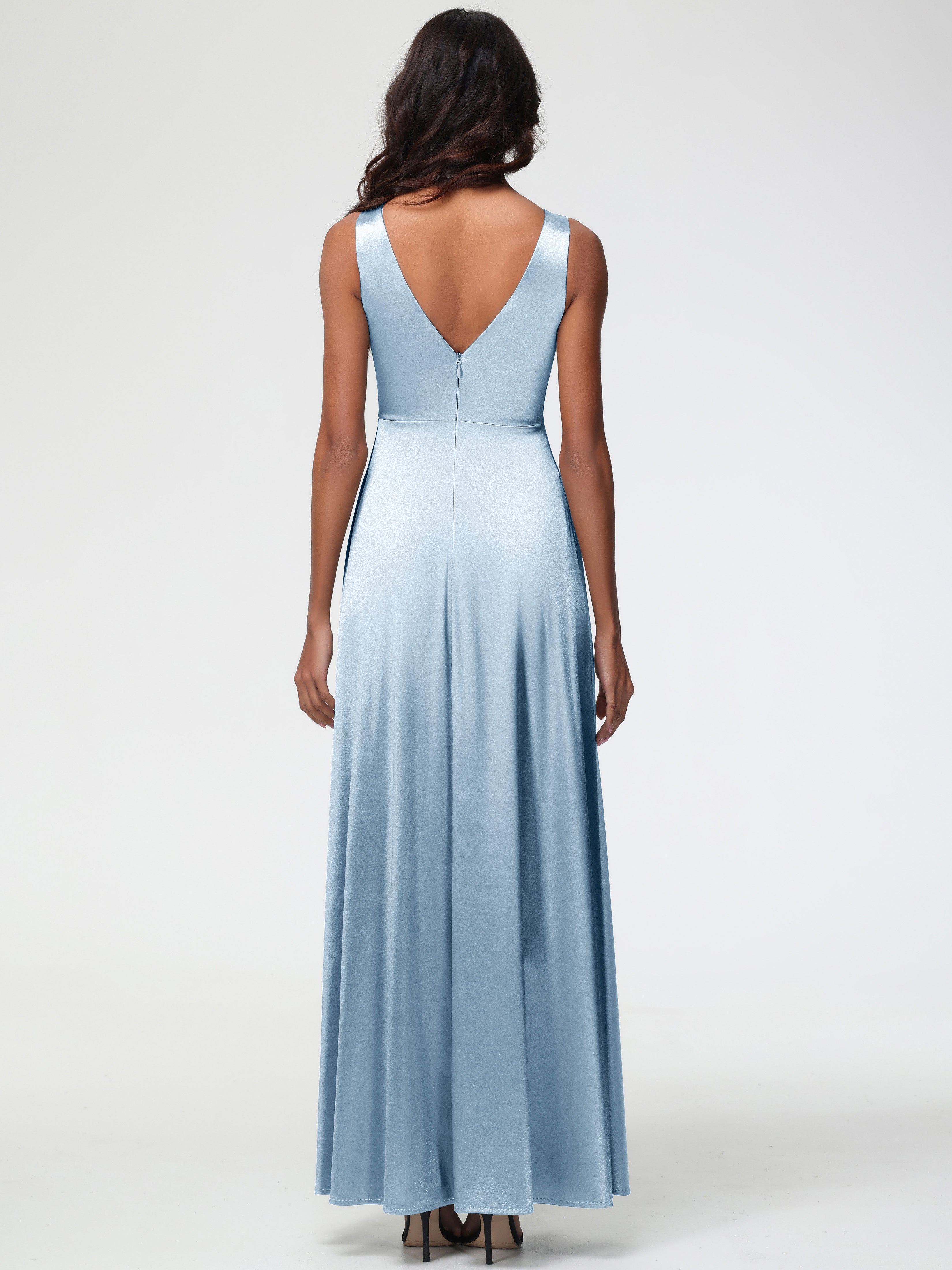 Dusty Blue Formal Dresses Sleeveless Stretch Satin V-Neck Floor Length A Line Long Stretch Satin Formal Dresses