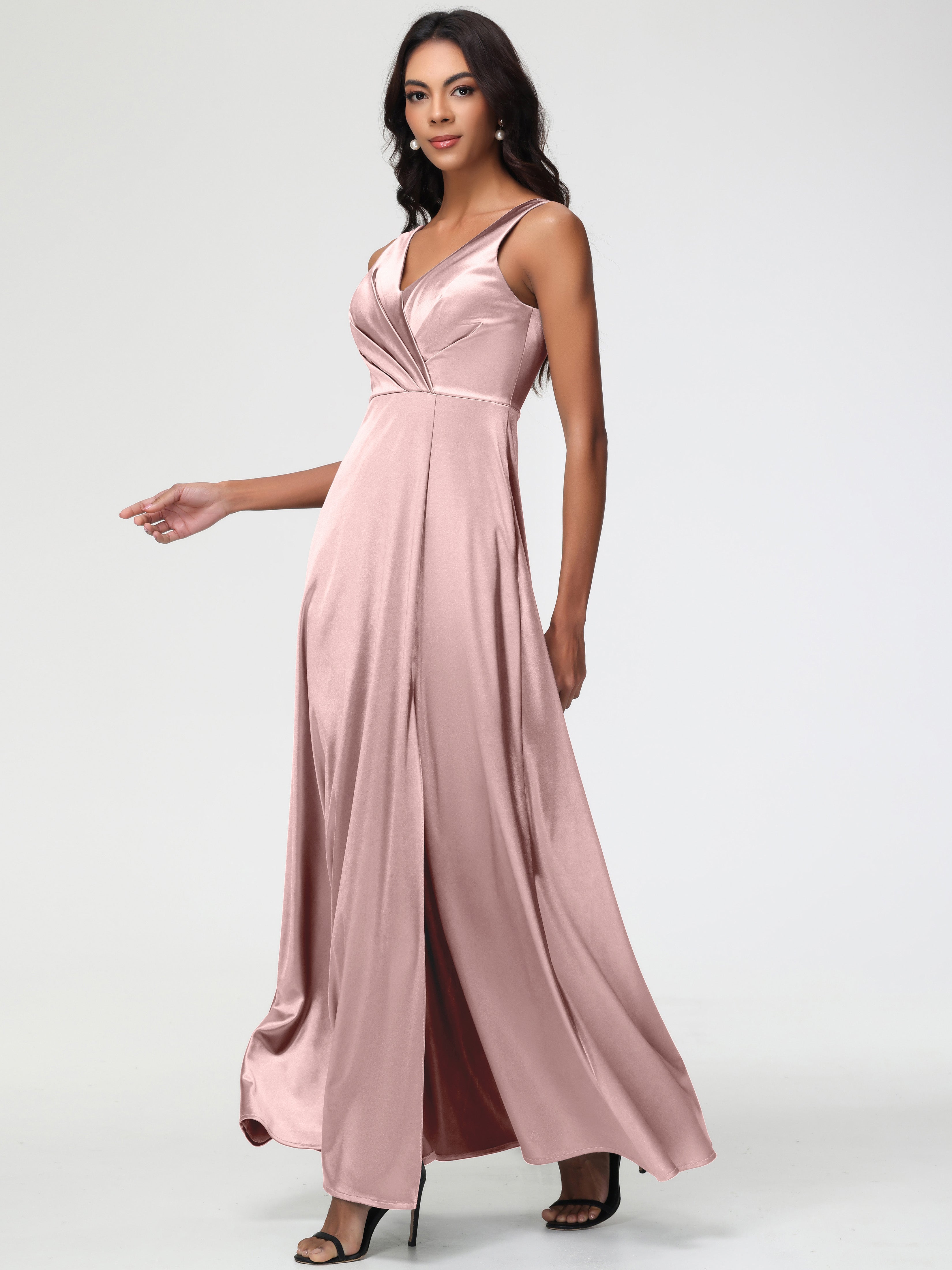 Formal Dresses Dusty Rose Sleeveless Stretch Satin V-Neck Floor Length A Line Long Stretch Satin Formal Dresses