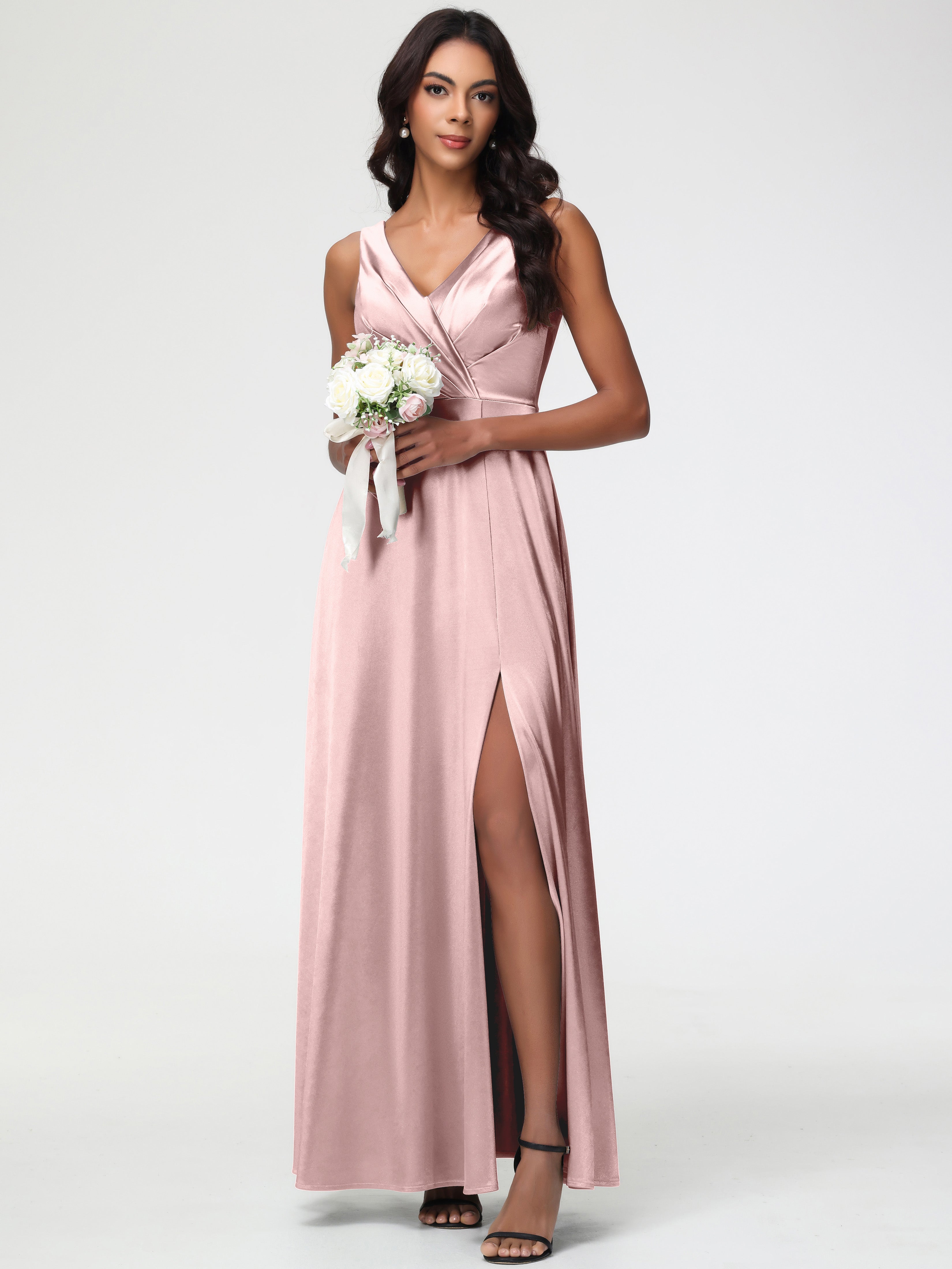 Formal Dresses Dusty Rose Sleeveless Stretch Satin V-Neck Floor Length A Line Long Stretch Satin Formal Dresses