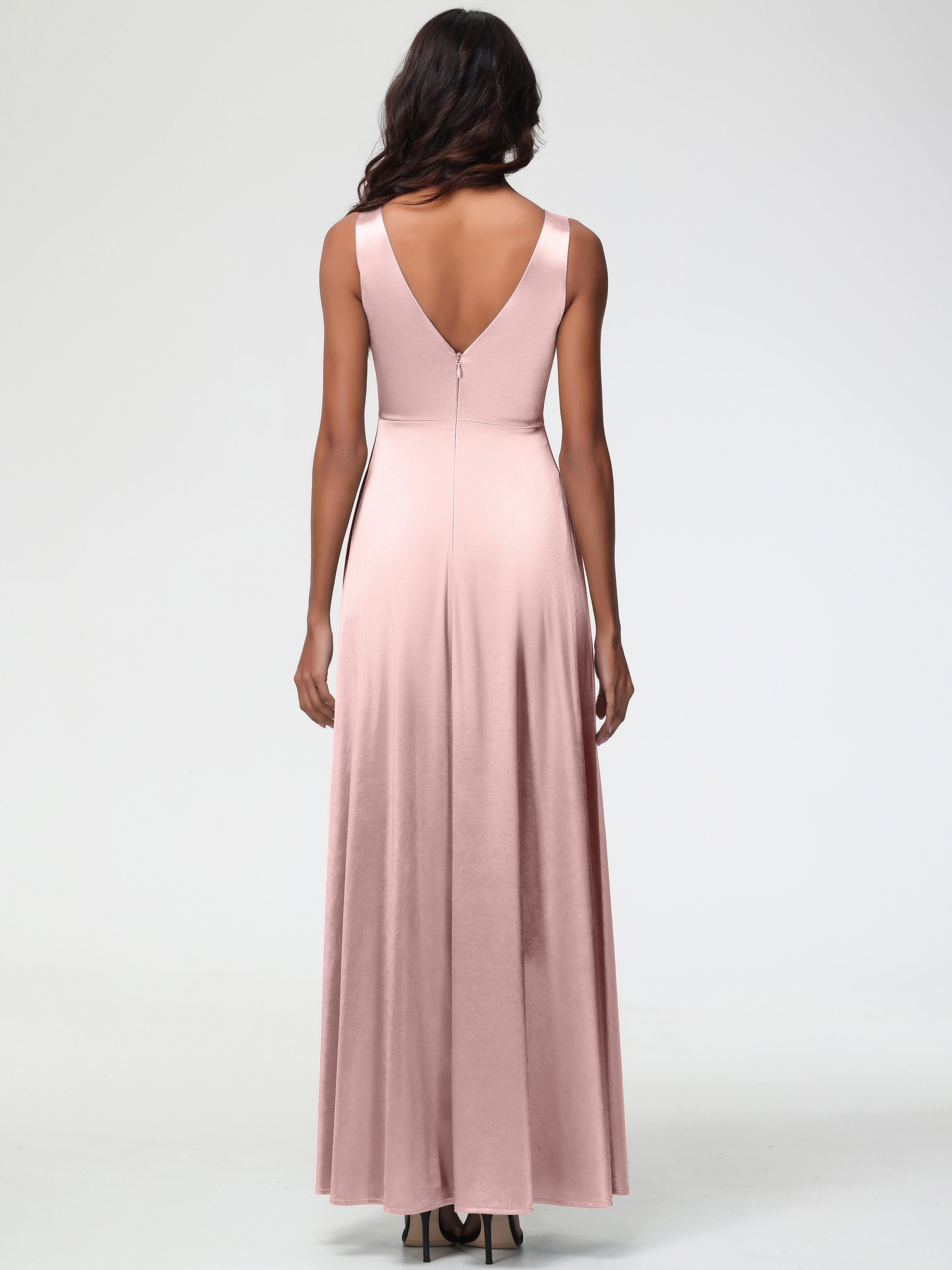 Formal Dresses Dusty Rose Sleeveless Stretch Satin V-Neck Floor Length A Line Long Stretch Satin Formal Dresses