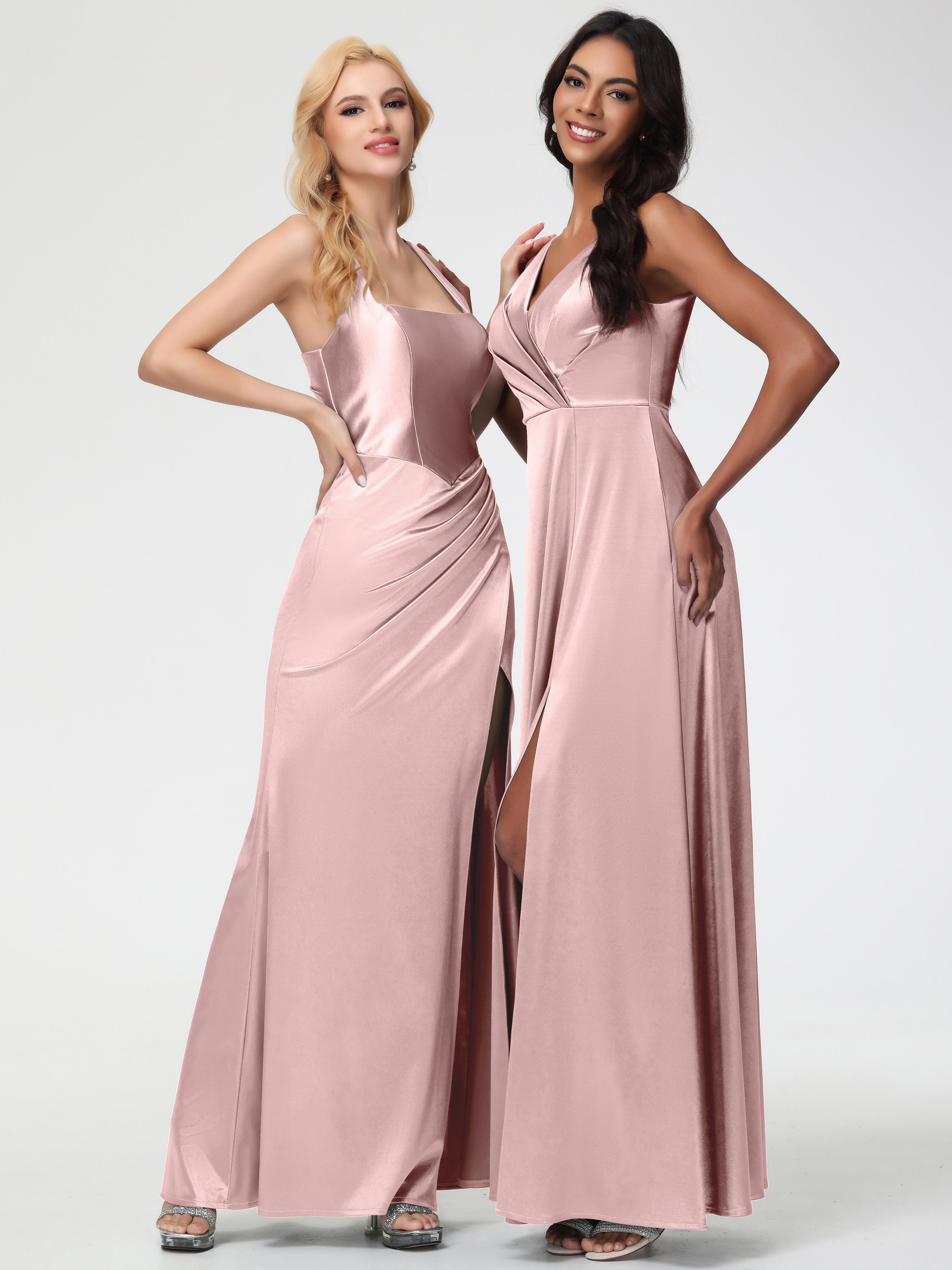 Formal Dresses Dusty Rose Sleeveless Stretch Satin V-Neck Floor Length A Line Long Stretch Satin Formal Dresses