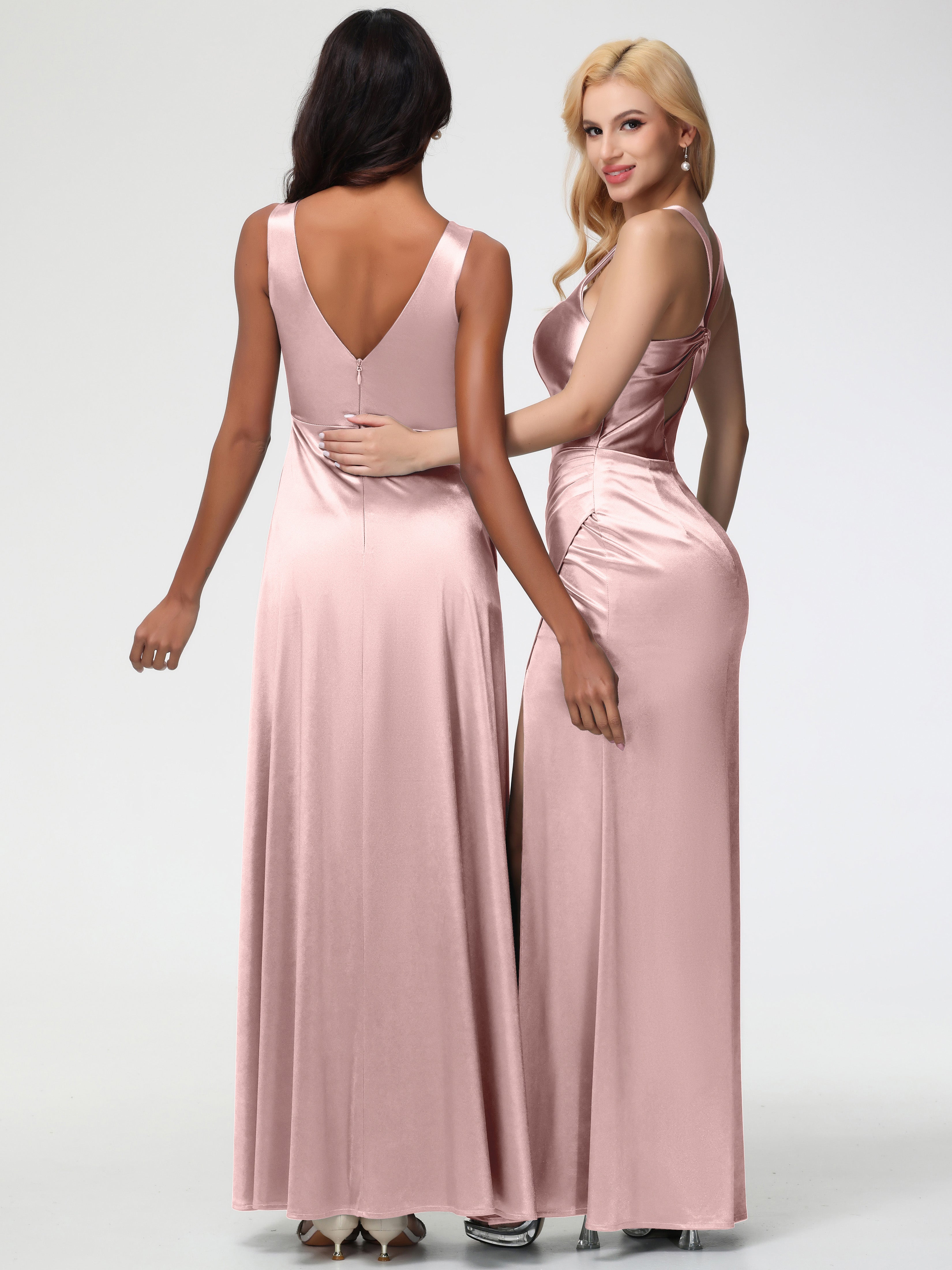 Formal Dresses Dusty Rose Sleeveless Stretch Satin V-Neck Floor Length A Line Long Stretch Satin Formal Dresses