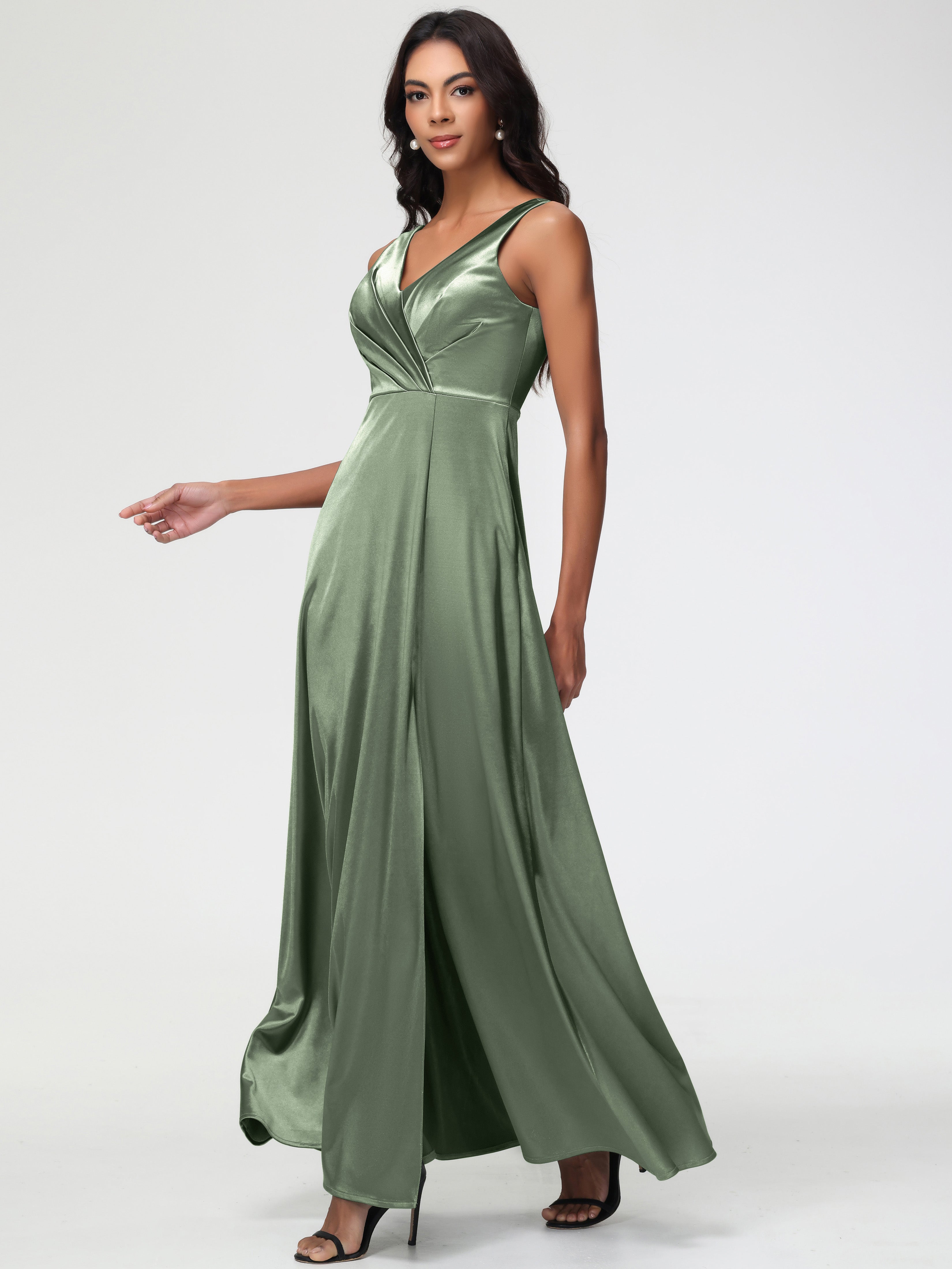 Dusty Sage Formal Sleeveless Stretch Satin V-Neck Floor Length A Line Long Stretch Satin Formal Dresses