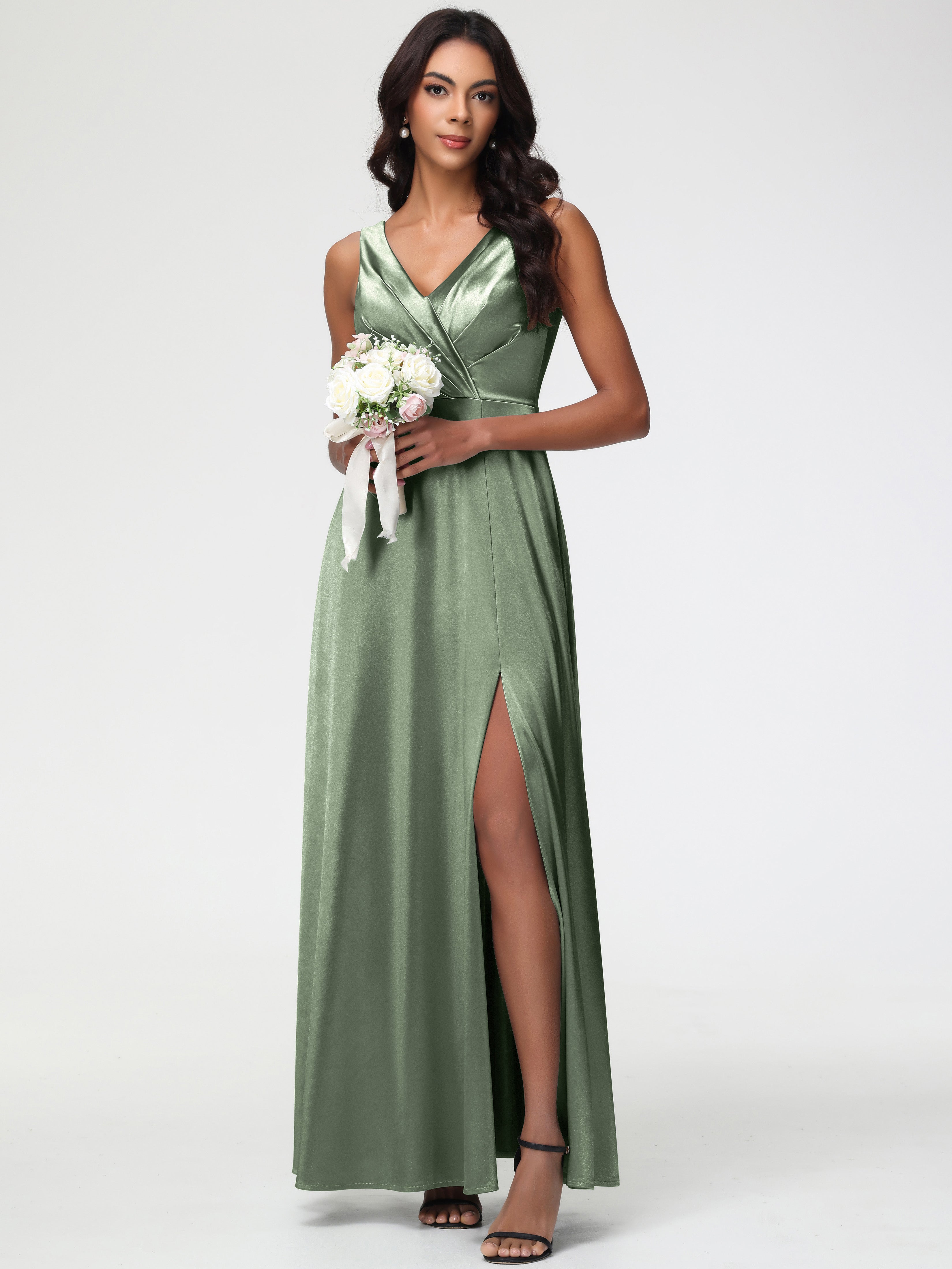 Dusty Sage Formal Sleeveless Stretch Satin V-Neck Floor Length A Line Long Stretch Satin Formal Dresses