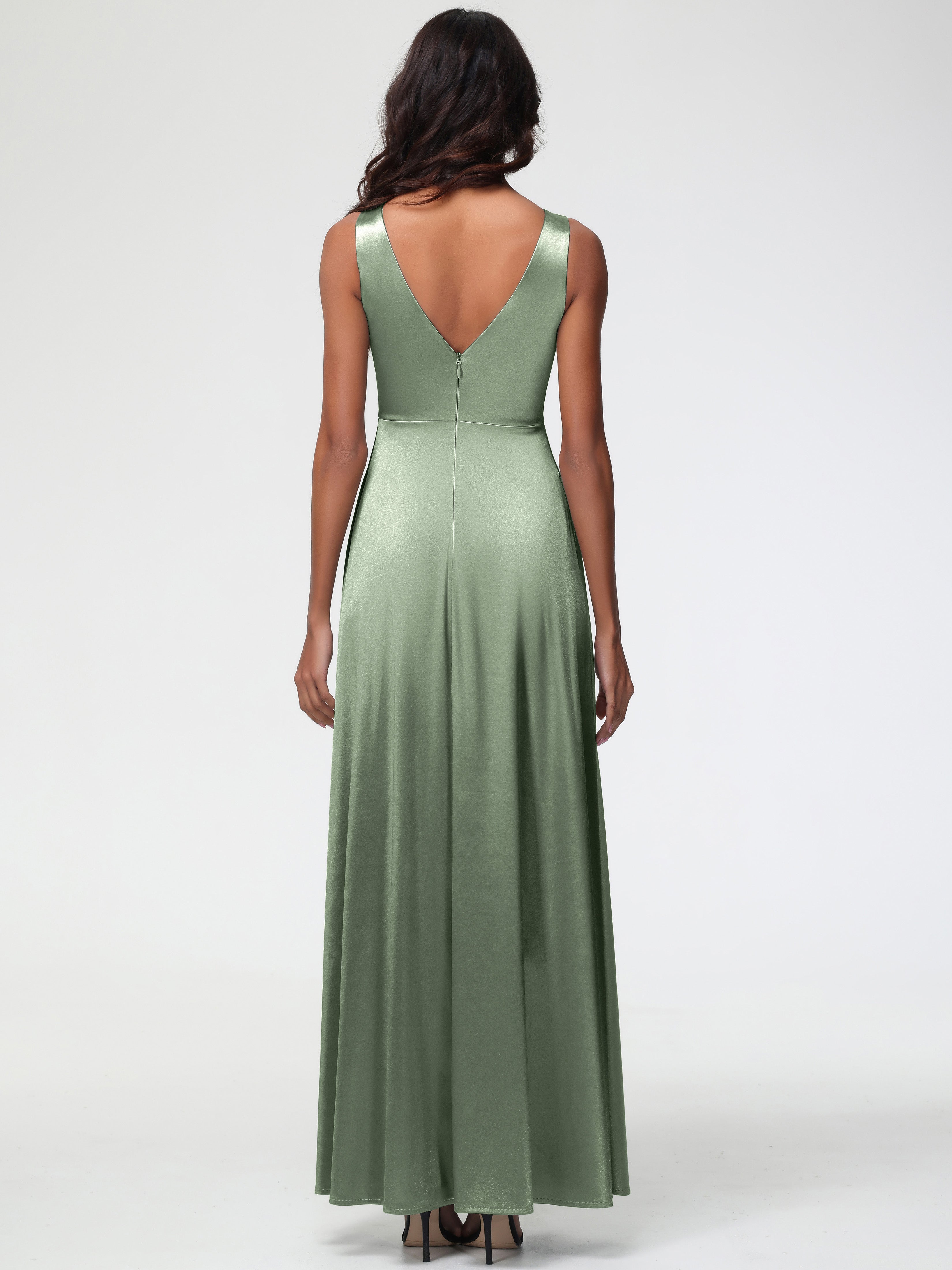 Dusty Sage Formal Sleeveless Stretch Satin V-Neck Floor Length A Line Long Stretch Satin Formal Dresses