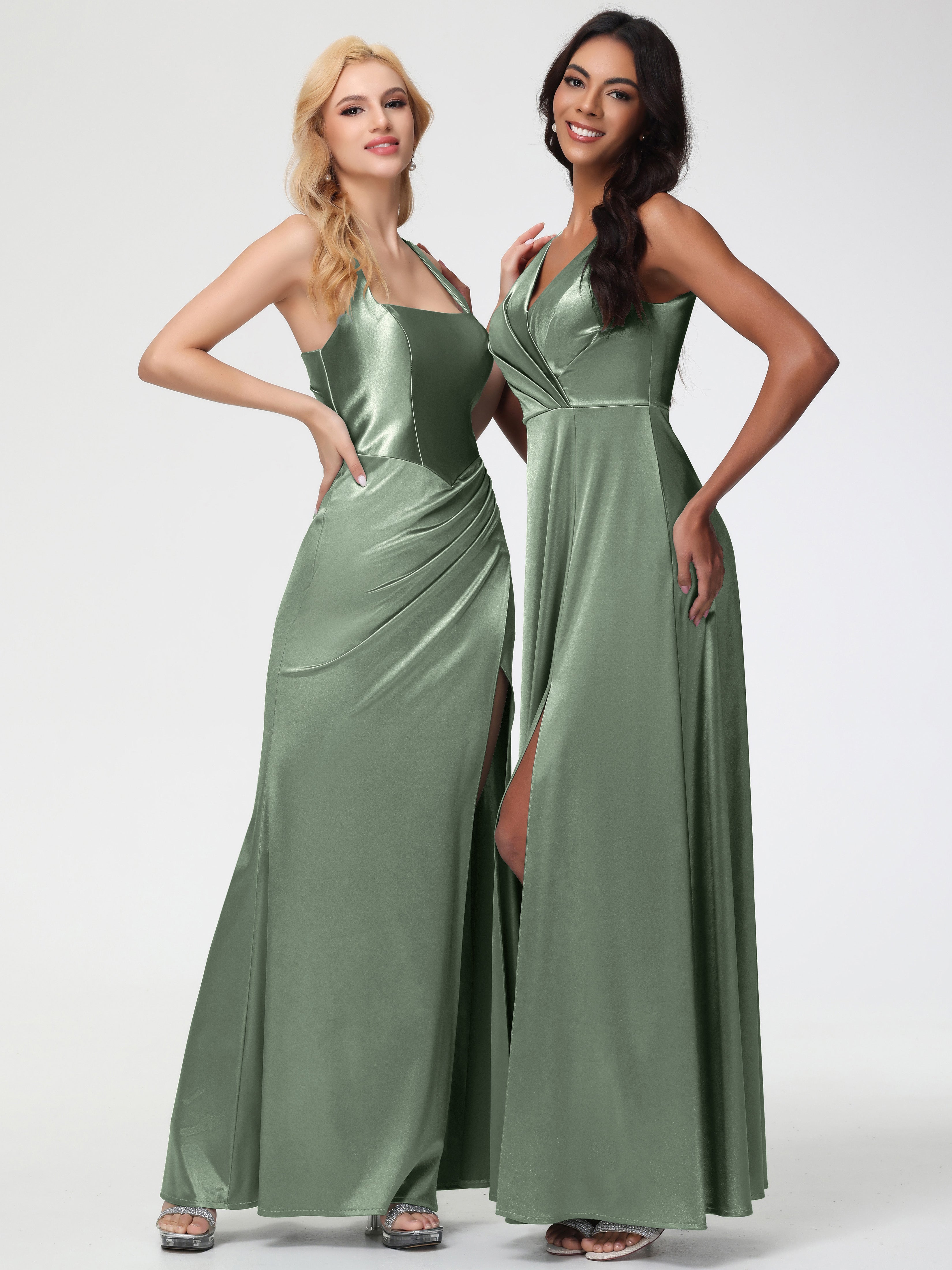 Dusty Sage Formal Sleeveless Stretch Satin V-Neck Floor Length A Line Long Stretch Satin Formal Dresses