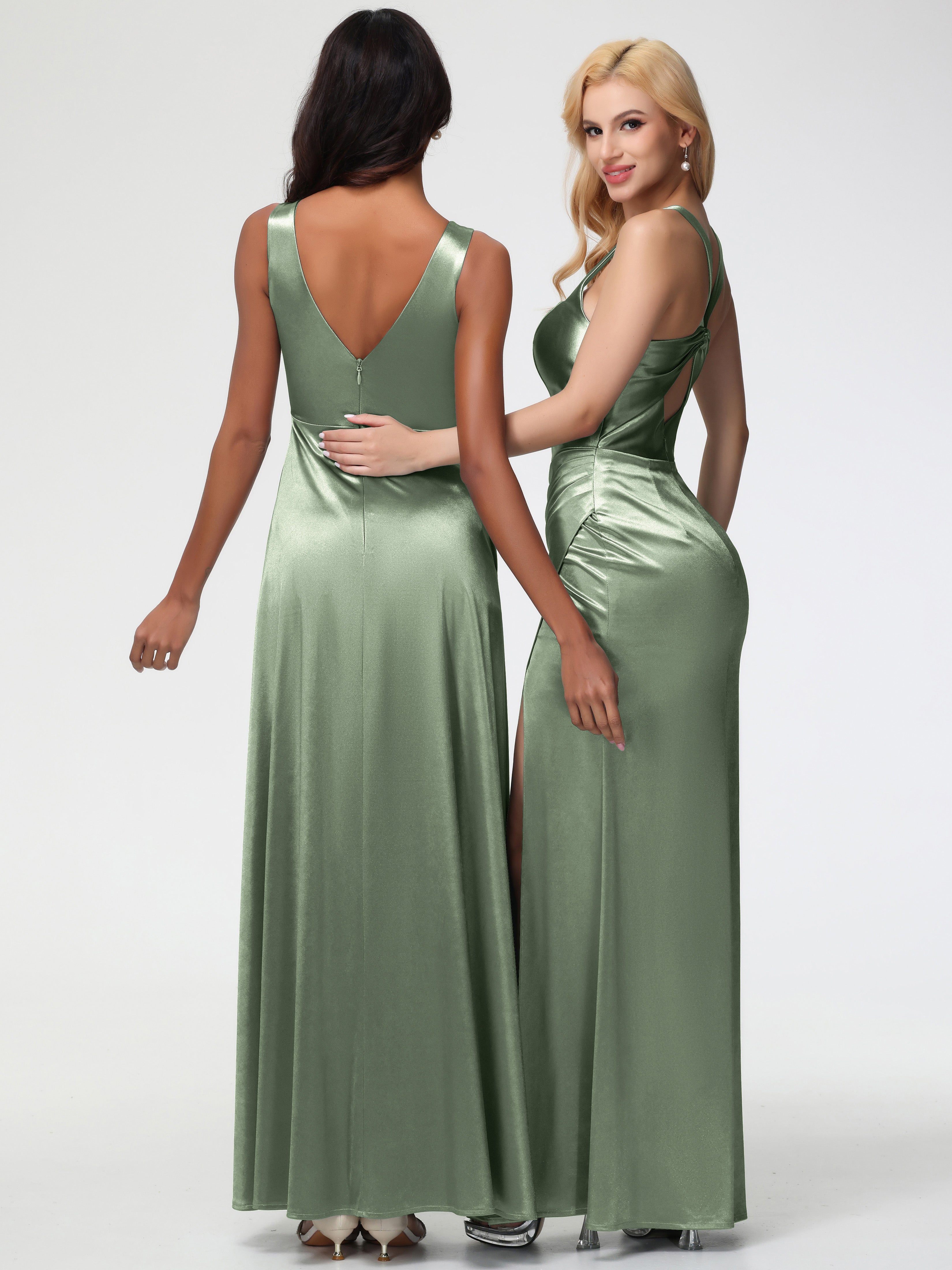 Dusty Sage Formal Sleeveless Stretch Satin V-Neck Floor Length A Line Long Stretch Satin Formal Dresses
