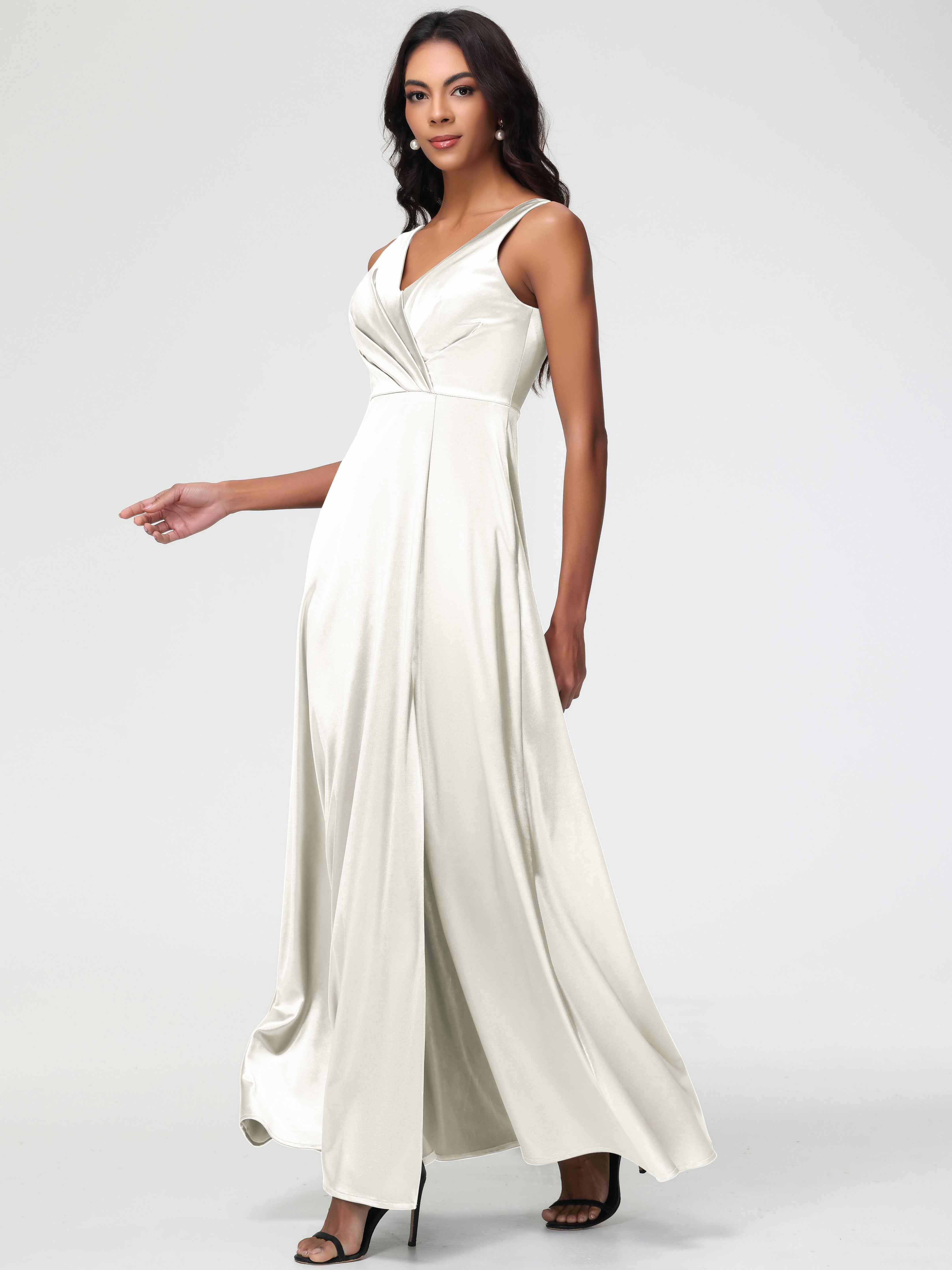 Long Ivory Formal Dresses Sleeveless Stretch Satin V-Neck Floor Length A Line Long Stretch Satin Formal Dresses