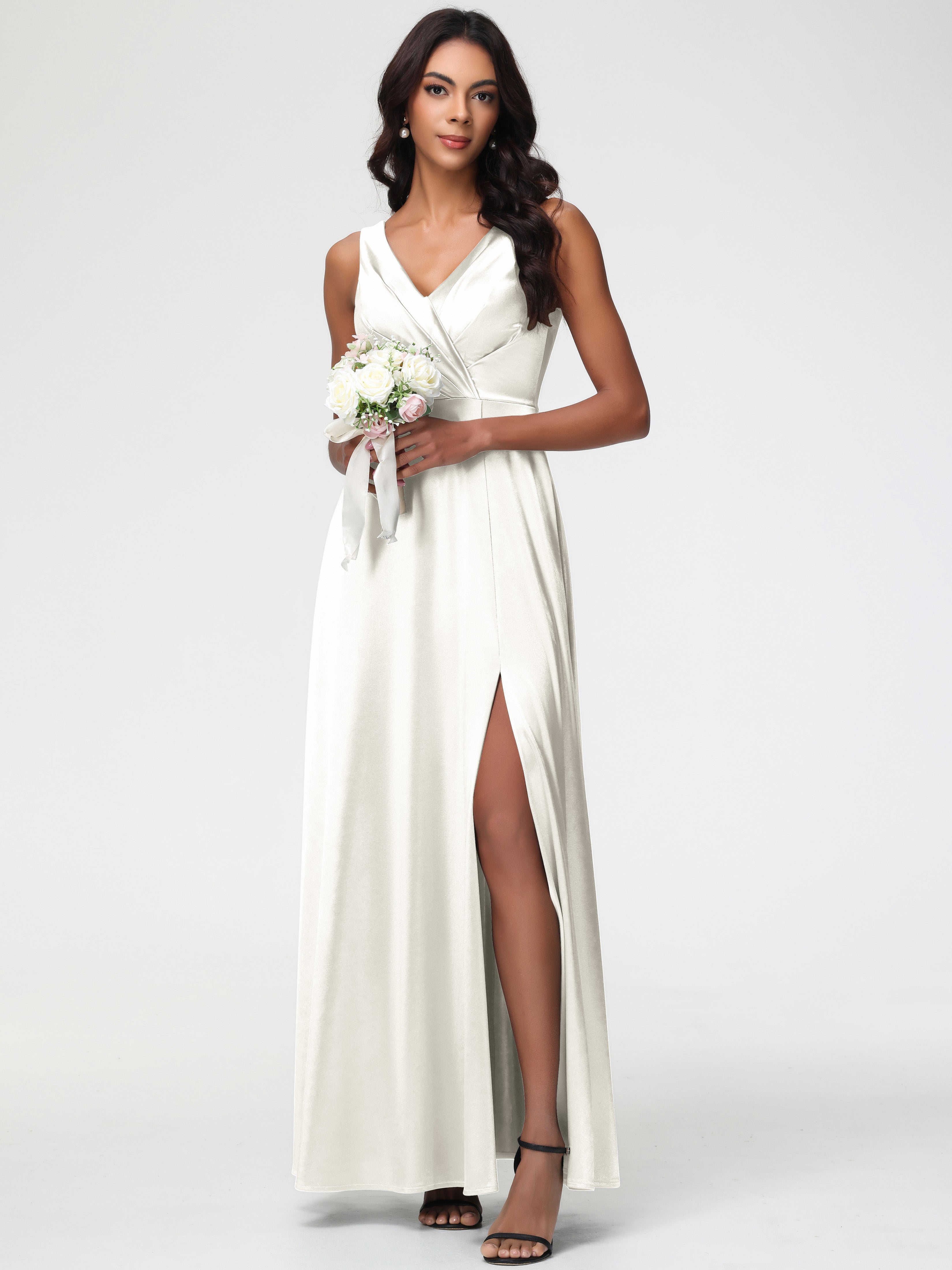 Long Ivory Formal Dresses Sleeveless Stretch Satin V-Neck Floor Length A Line Long Stretch Satin Formal Dresses