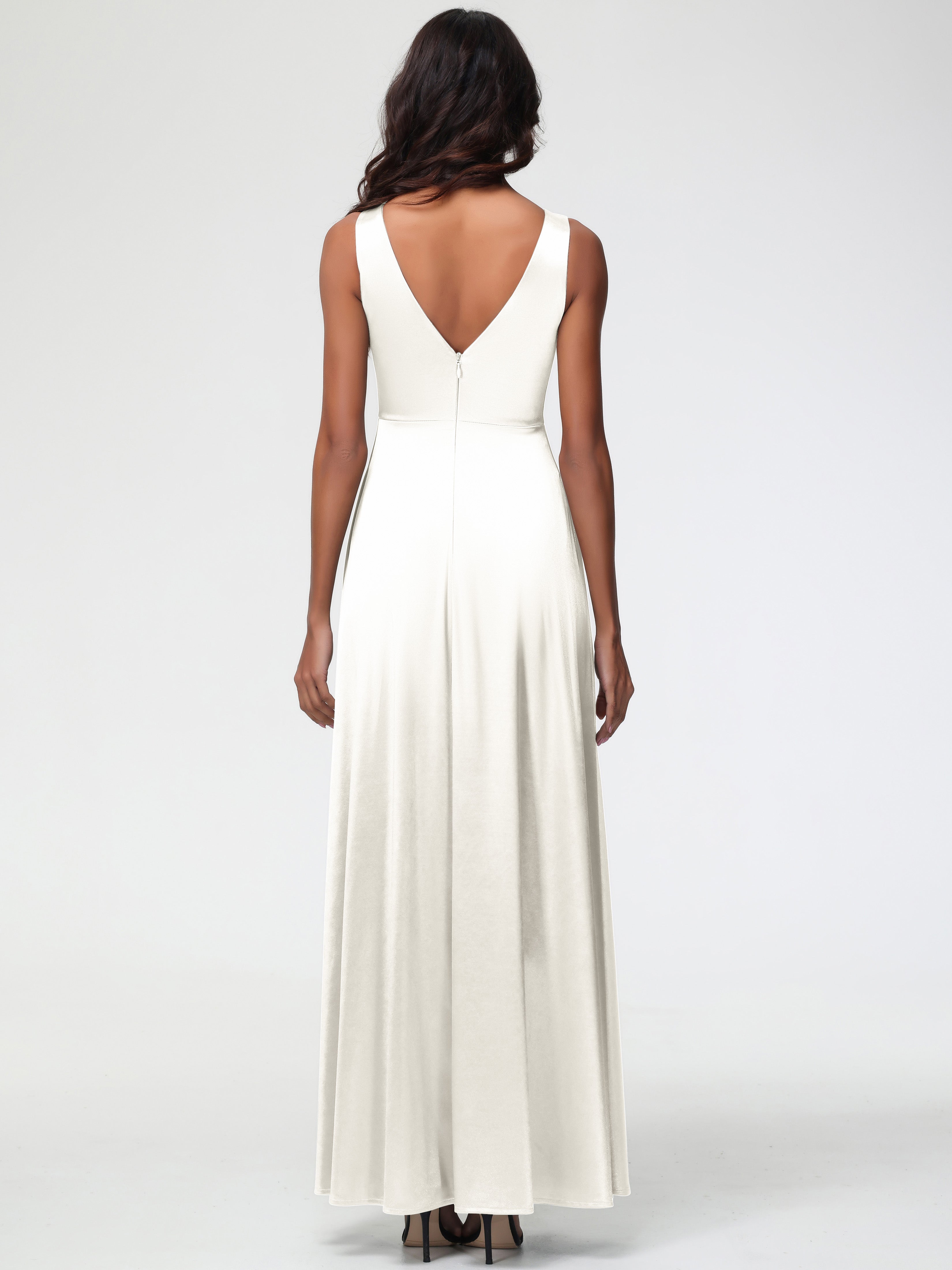 Long Ivory Formal Dresses Sleeveless Stretch Satin V-Neck Floor Length A Line Long Stretch Satin Formal Dresses