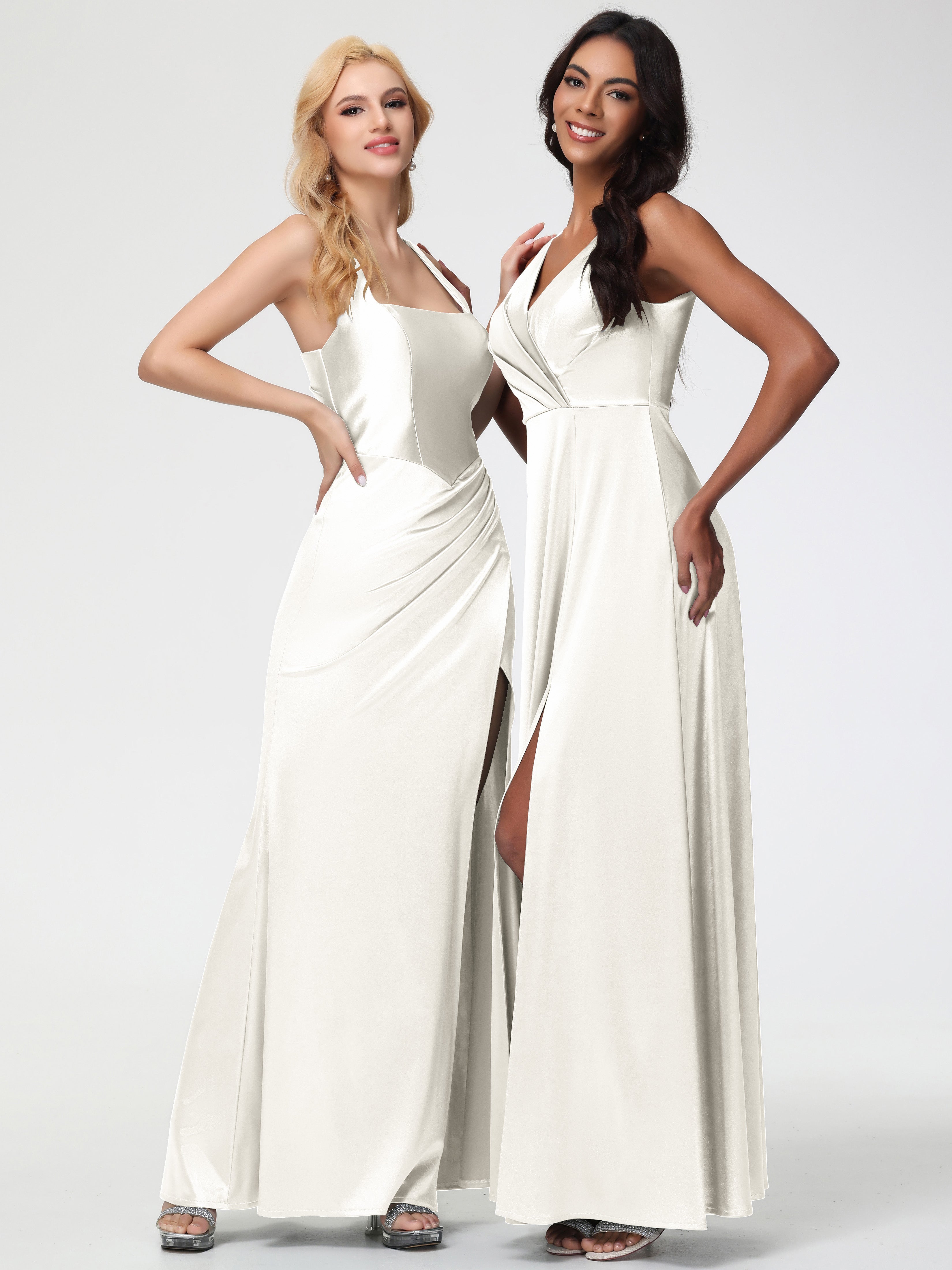 Long Ivory Formal Dresses Sleeveless Stretch Satin V-Neck Floor Length A Line Long Stretch Satin Formal Dresses