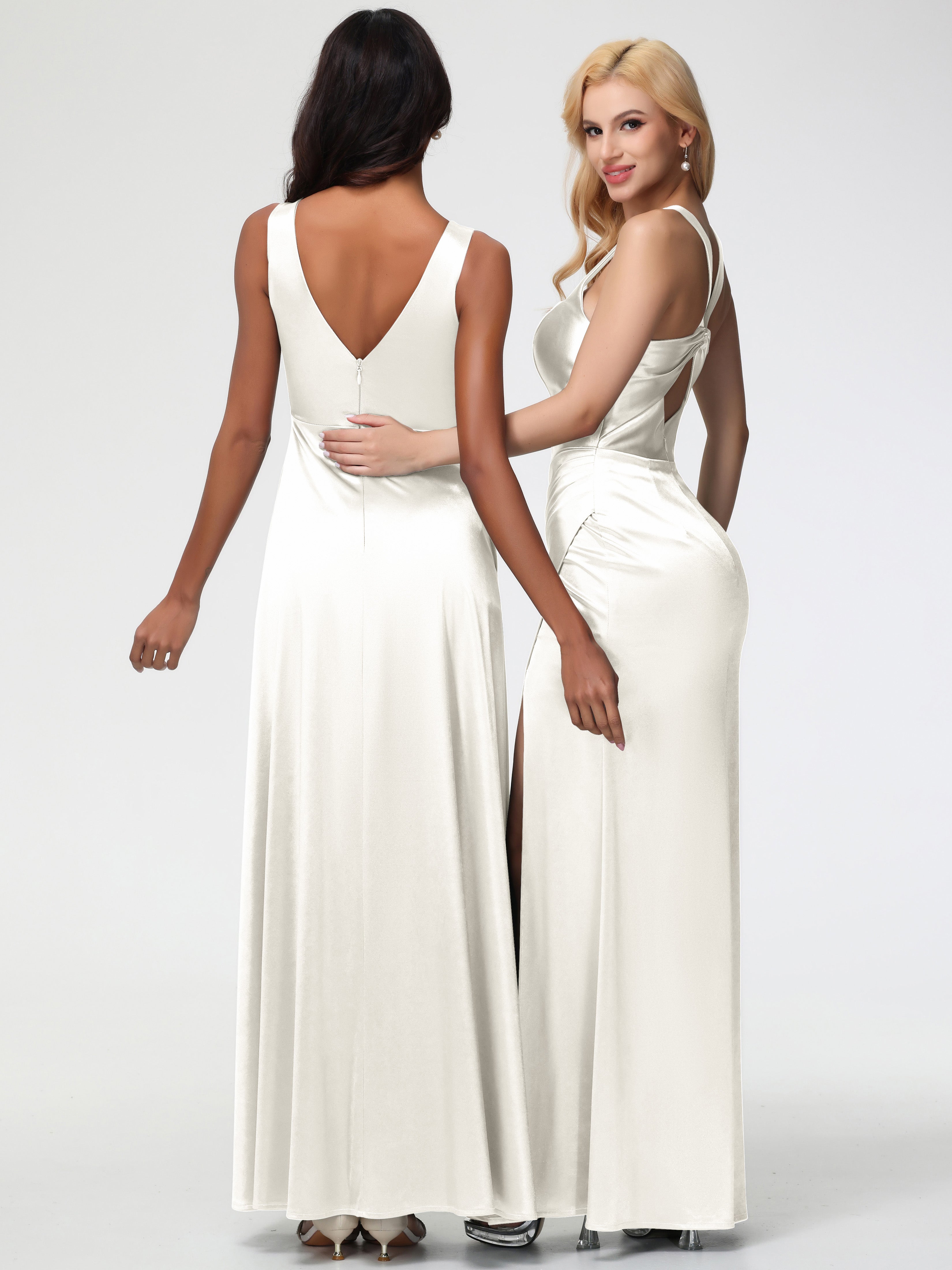 Long Ivory Formal Dresses Sleeveless Stretch Satin V-Neck Floor Length A Line Long Stretch Satin Formal Dresses