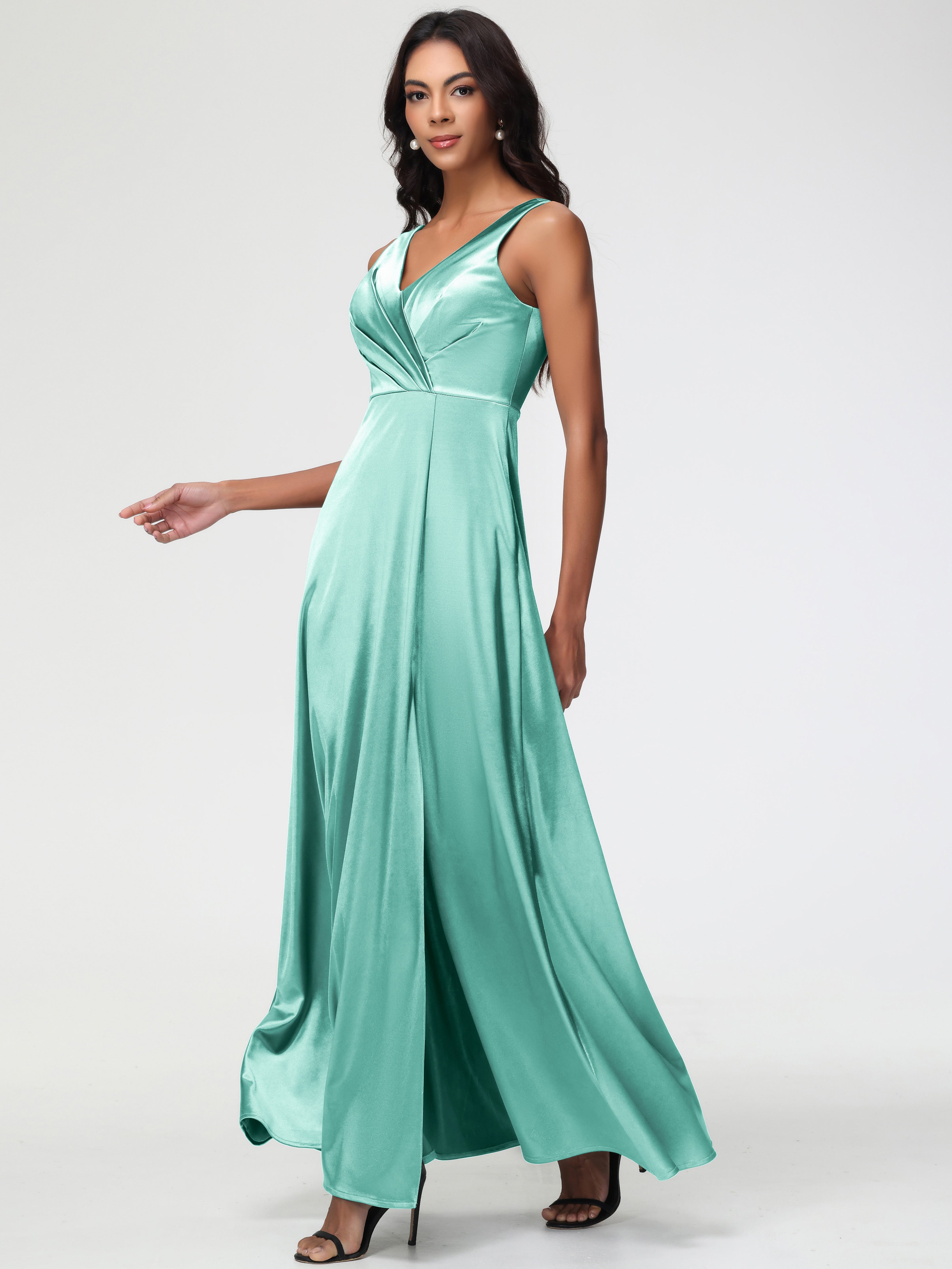 Mint Green Formal Dress Formal Dresses Sleeveless Stretch Satin V-Neck Floor Length A Line Long Stretch Satin Formal Dresses