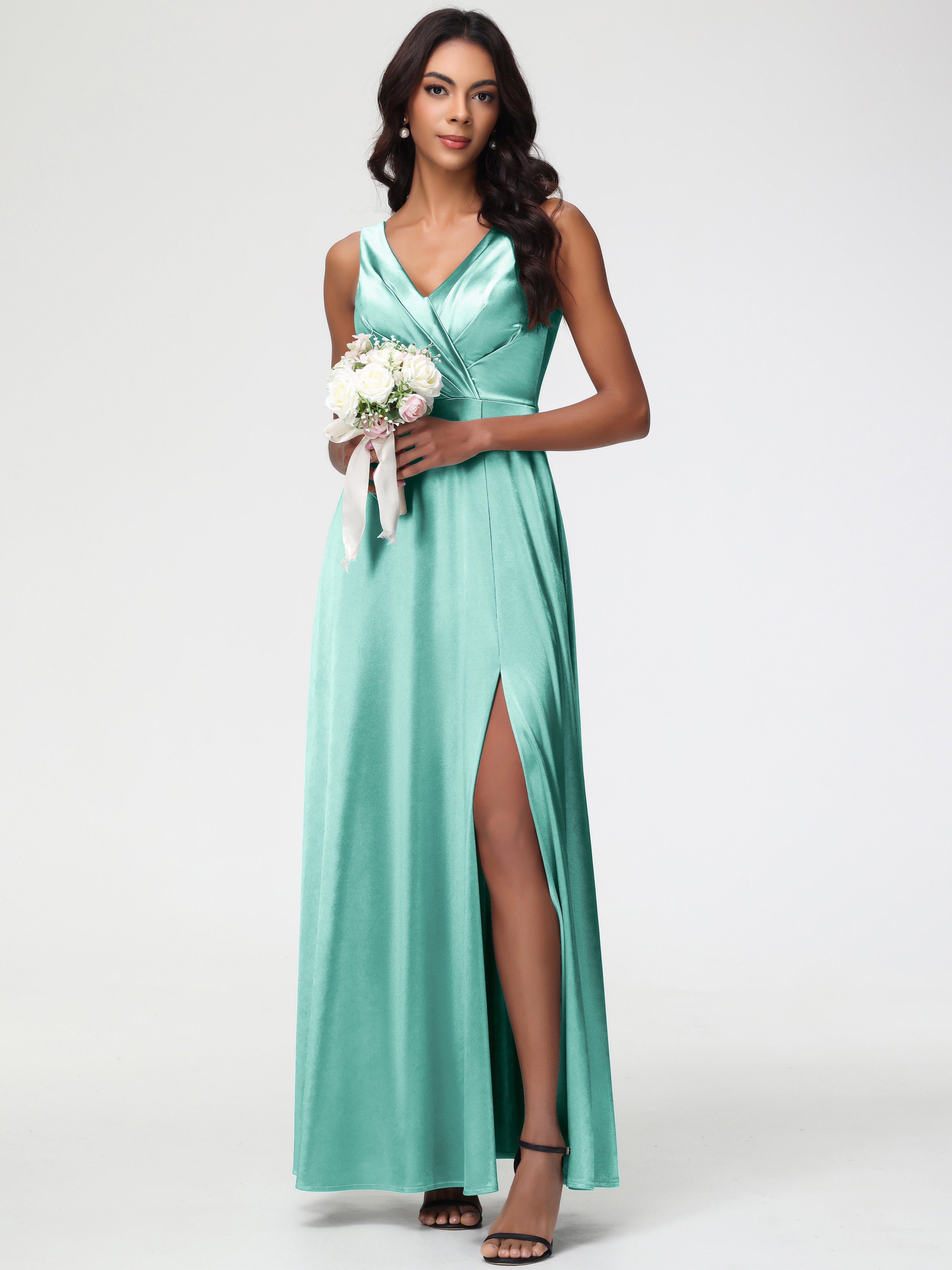 Mint Green Formal Dress Formal Dresses Sleeveless Stretch Satin V-Neck Floor Length A Line Long Stretch Satin Formal Dresses