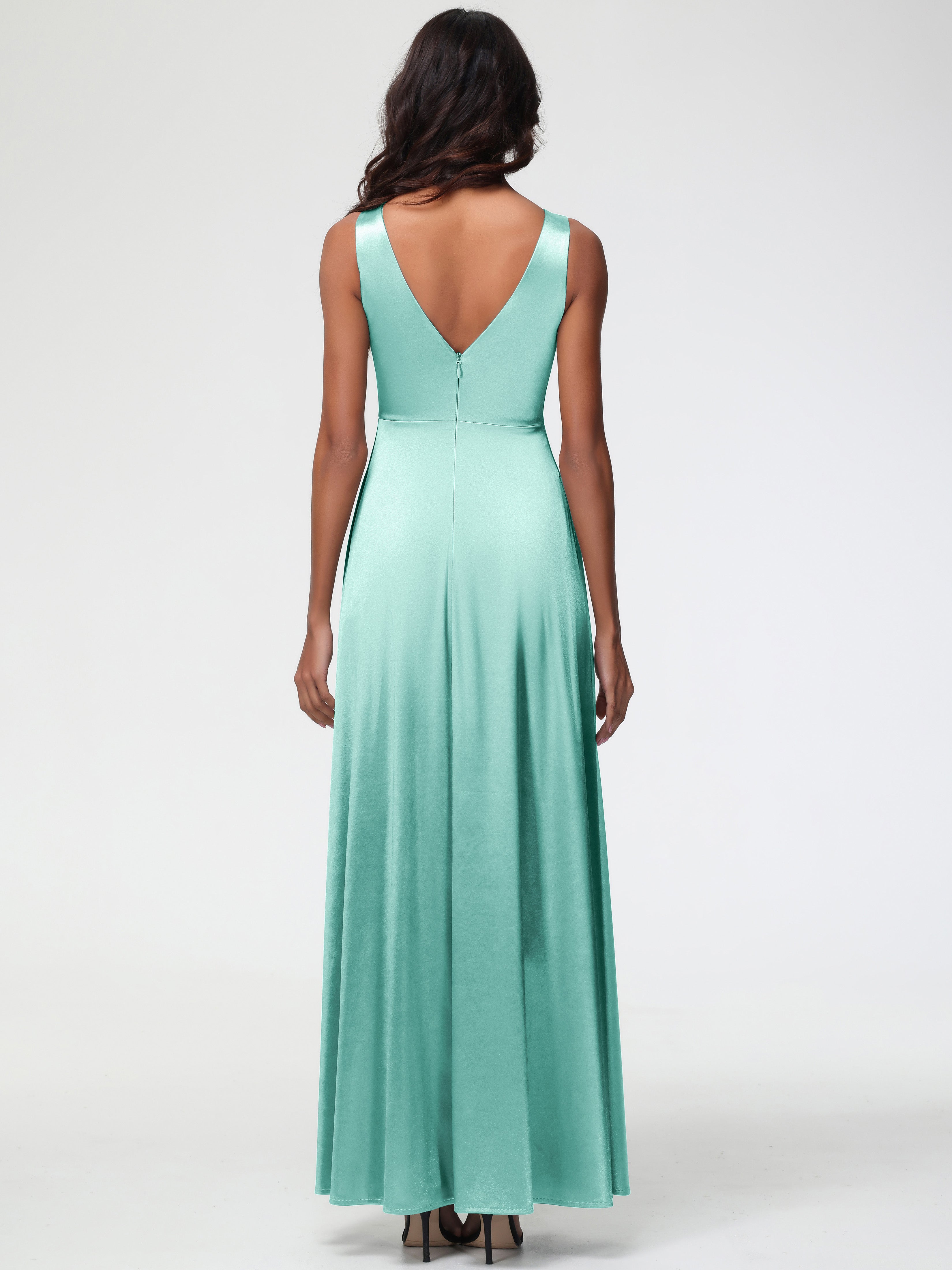 Mint Green Formal Dress Formal Dresses Sleeveless Stretch Satin V-Neck Floor Length A Line Long Stretch Satin Formal Dresses