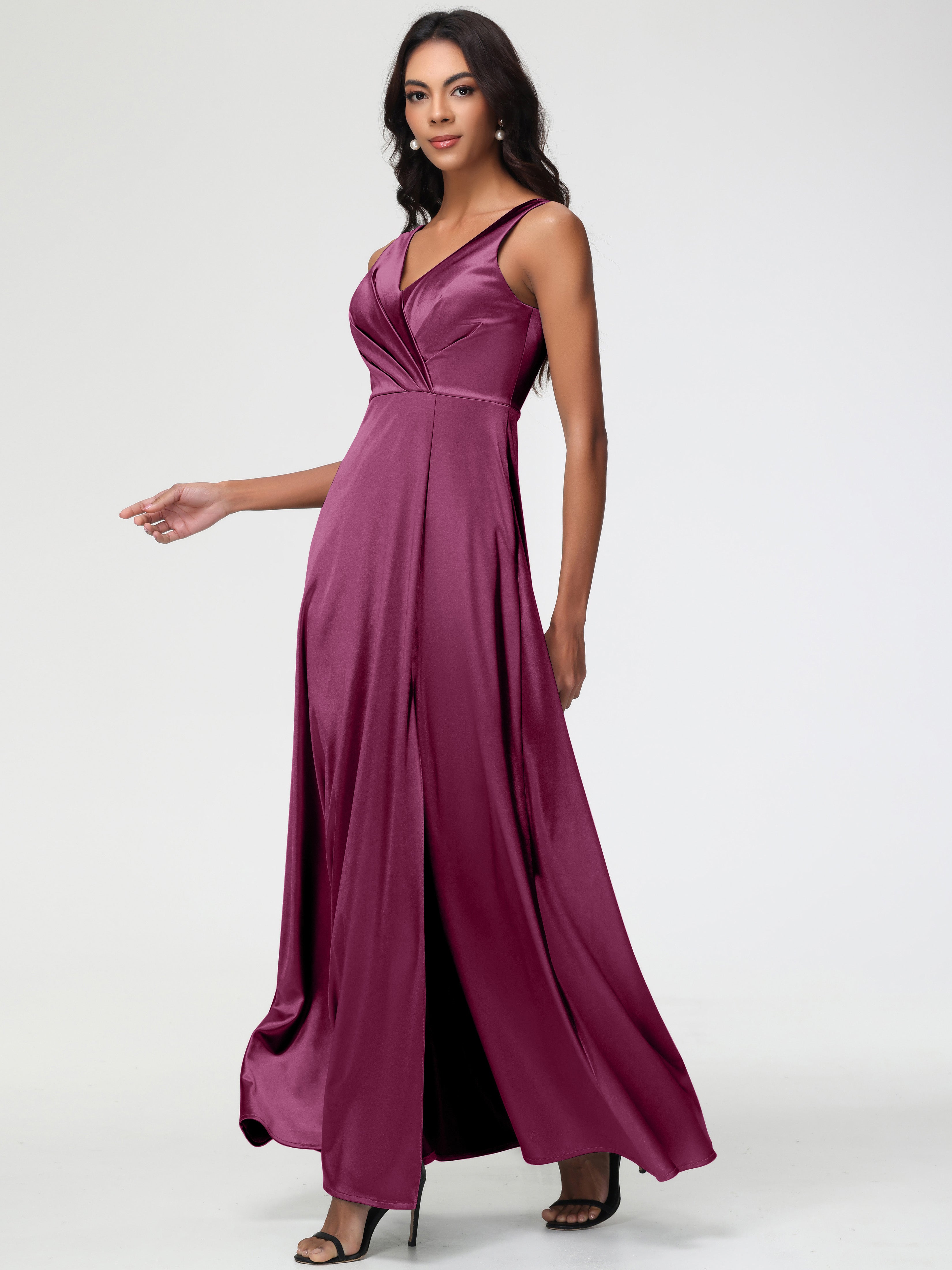 Mulberry Formal Dress Sleeveless Stretch Satin V-Neck Floor Length A Line Long Stretch Satin Formal Dresses