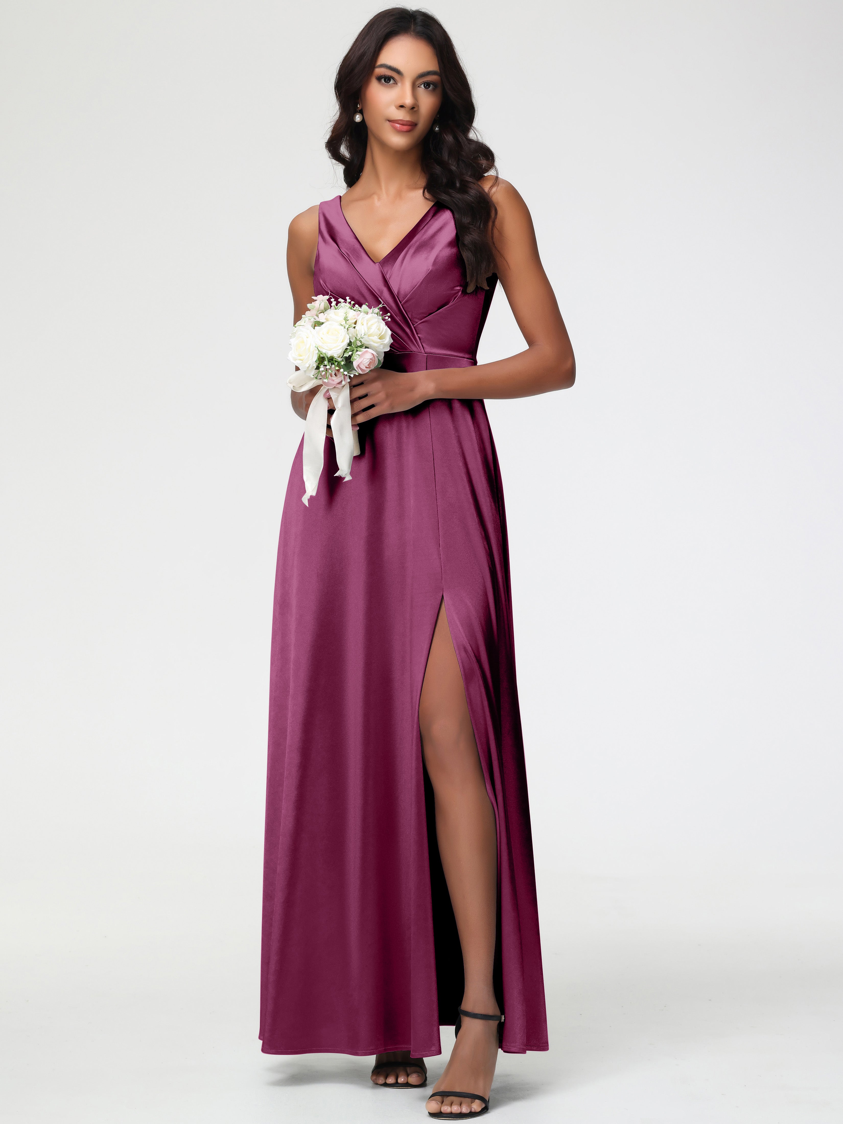Mulberry Formal Dress Sleeveless Stretch Satin V-Neck Floor Length A Line Long Stretch Satin Formal Dresses
