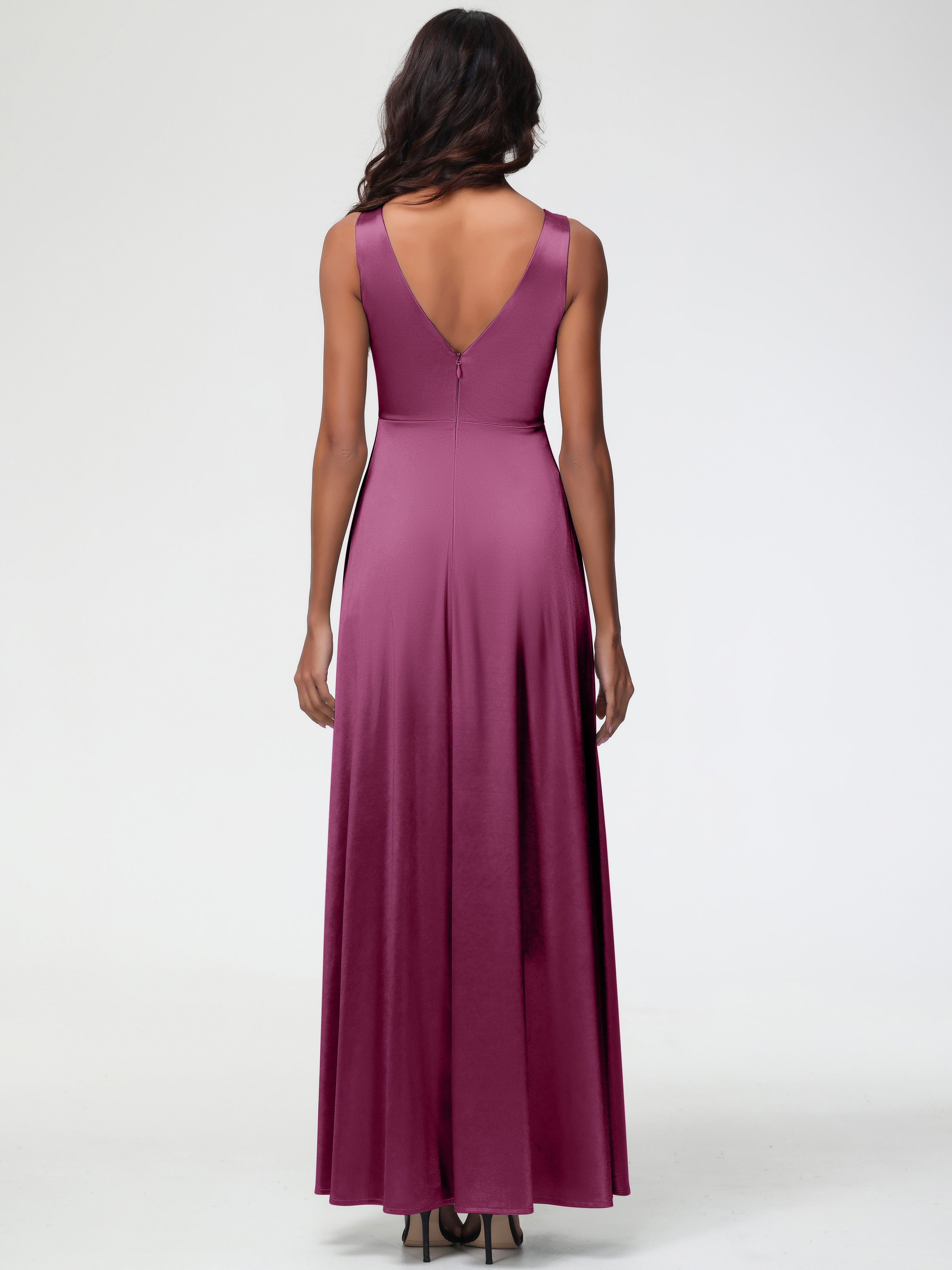 Mulberry Formal Dress Sleeveless Stretch Satin V-Neck Floor Length A Line Long Stretch Satin Formal Dresses