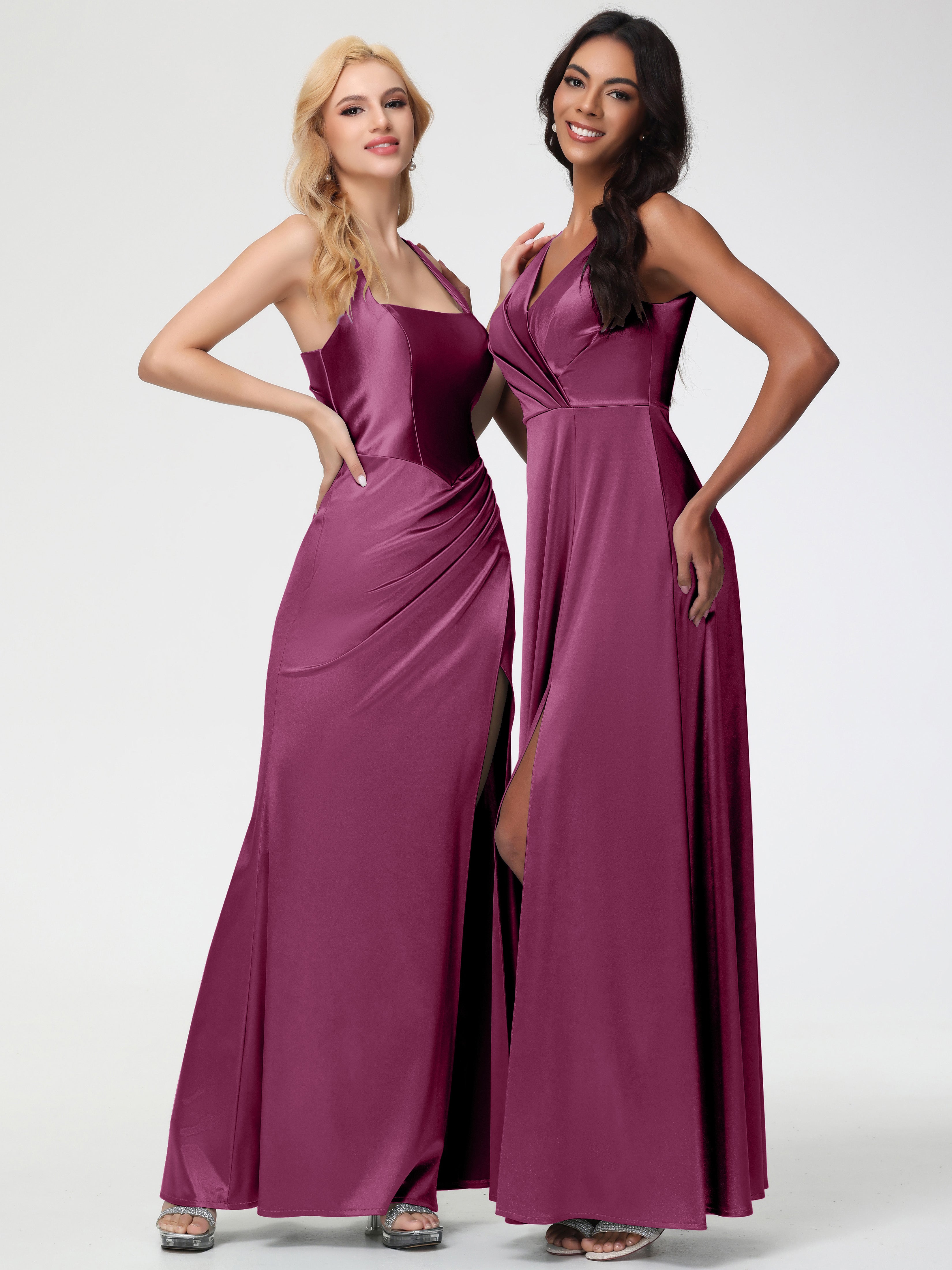 Mulberry Formal Dress Sleeveless Stretch Satin V-Neck Floor Length A Line Long Stretch Satin Formal Dresses