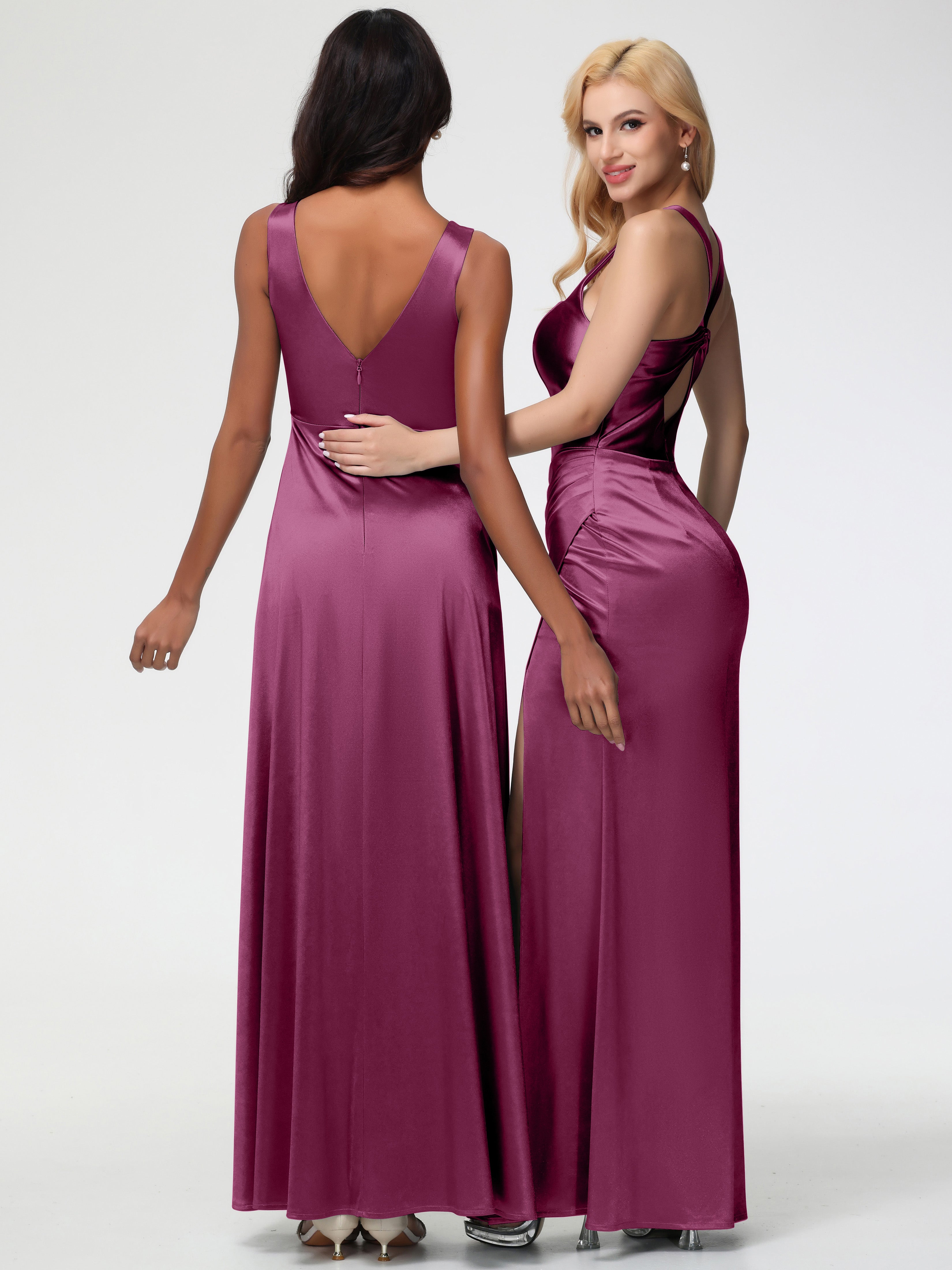 Mulberry Formal Dress Sleeveless Stretch Satin V-Neck Floor Length A Line Long Stretch Satin Formal Dresses