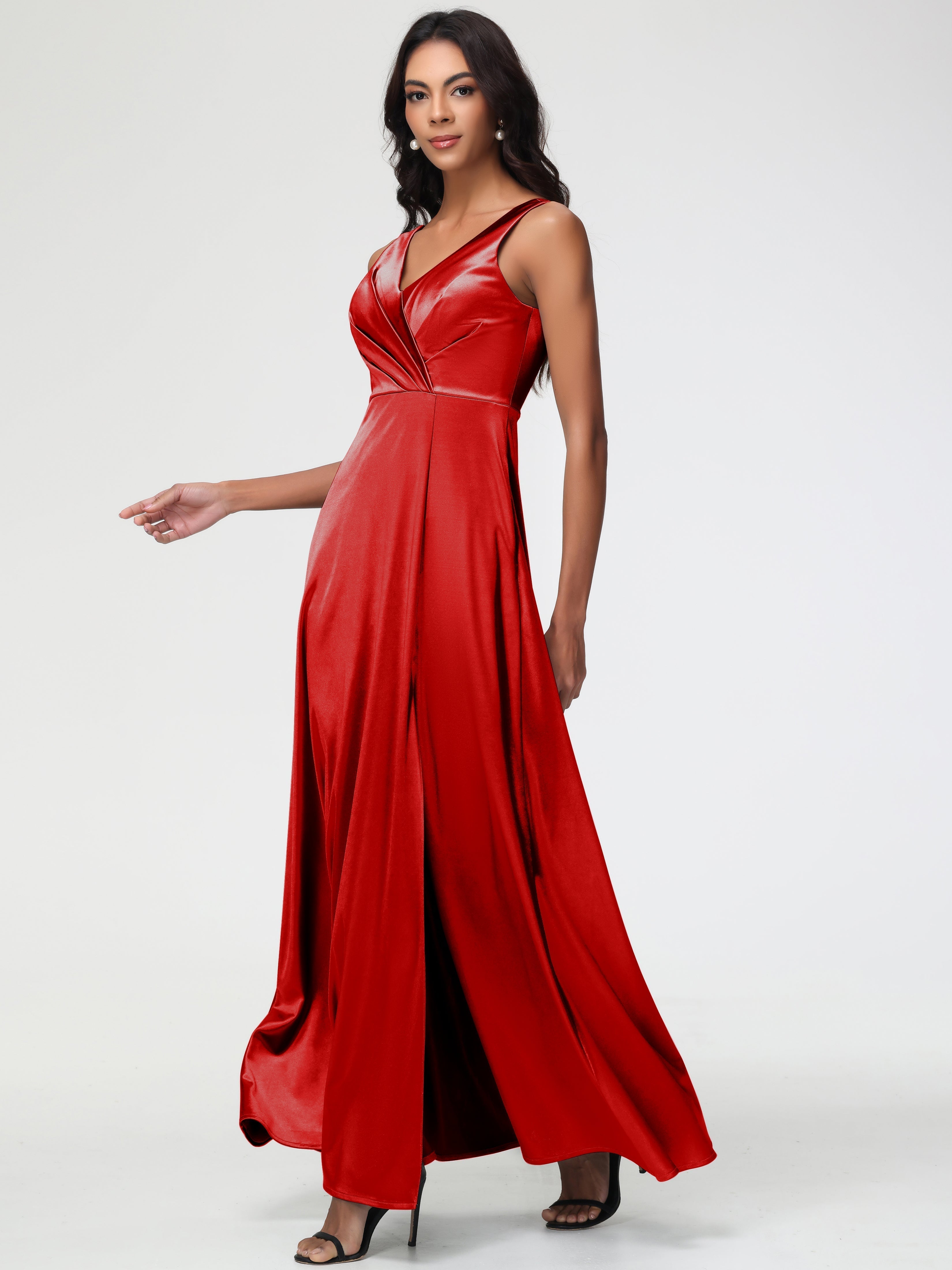 Red Formal Dresses Sleeveless Stretch Satin V-Neck Floor Length A Line Long Stretch Satin Formal Dresses
