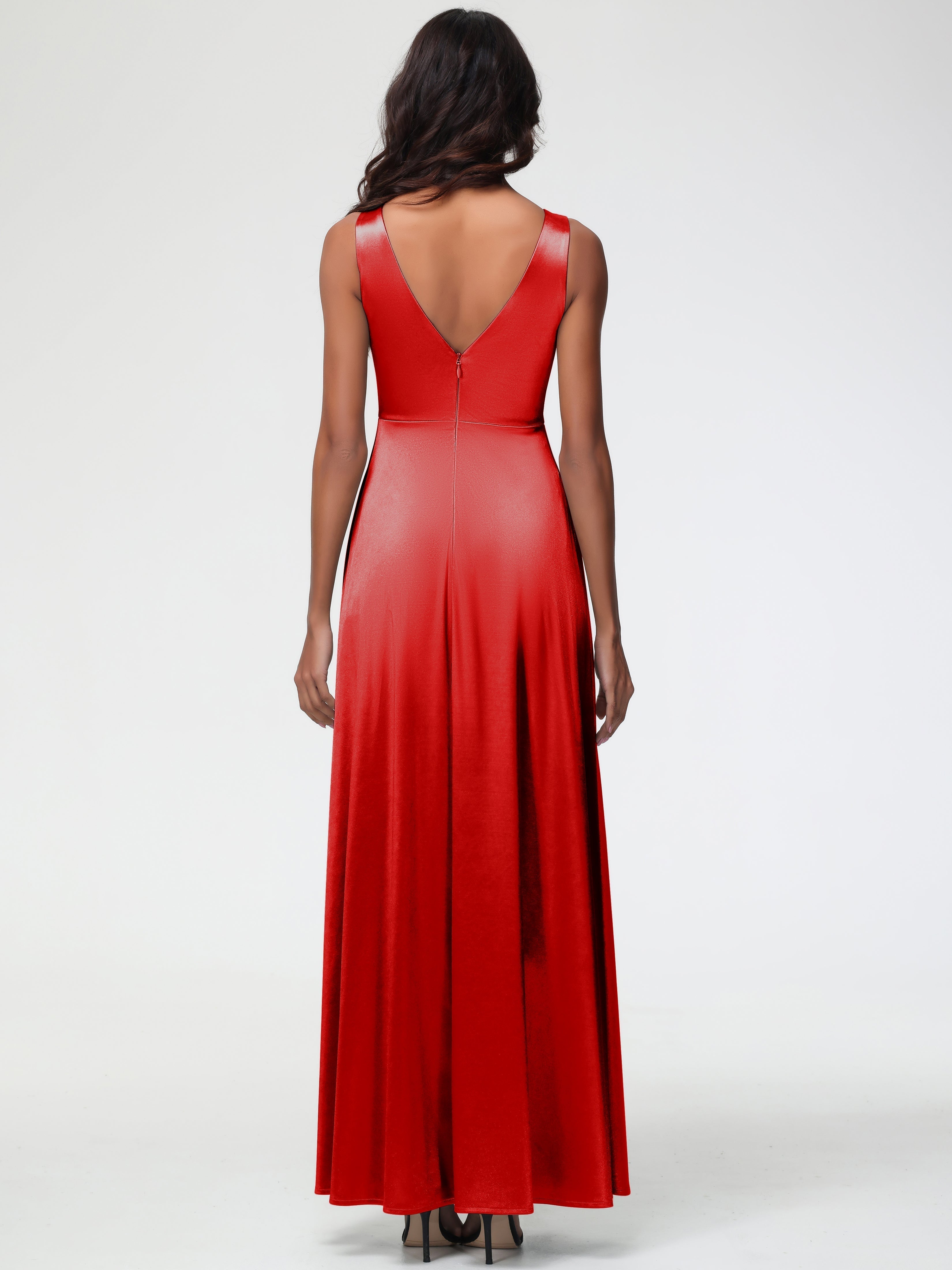 Red Formal Dresses Sleeveless Stretch Satin V-Neck Floor Length A Line Long Stretch Satin Formal Dresses