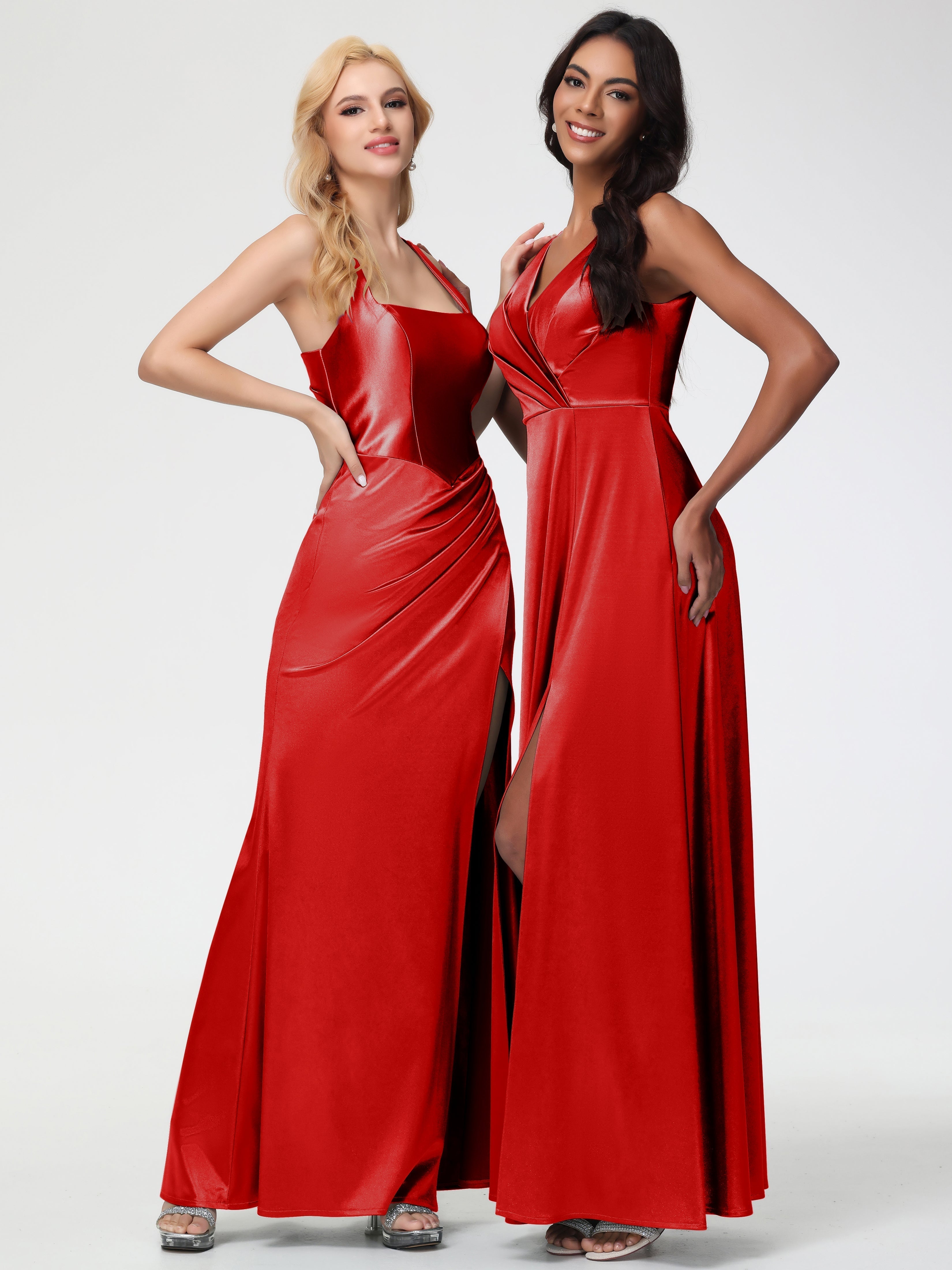 Red Formal Dresses Sleeveless Stretch Satin V-Neck Floor Length A Line Long Stretch Satin Formal Dresses