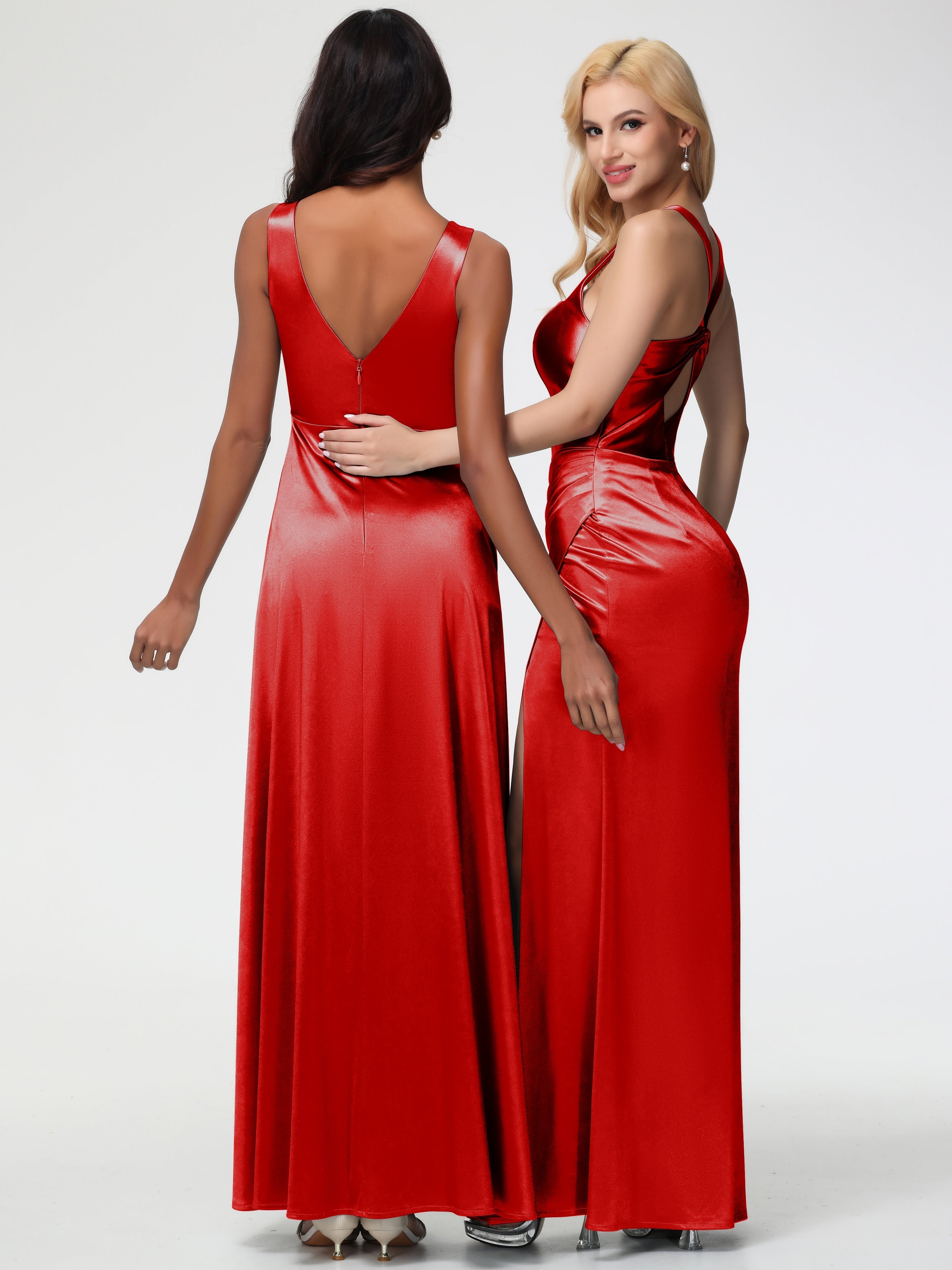 Red Formal Dresses Sleeveless Stretch Satin V-Neck Floor Length A Line Long Stretch Satin Formal Dresses