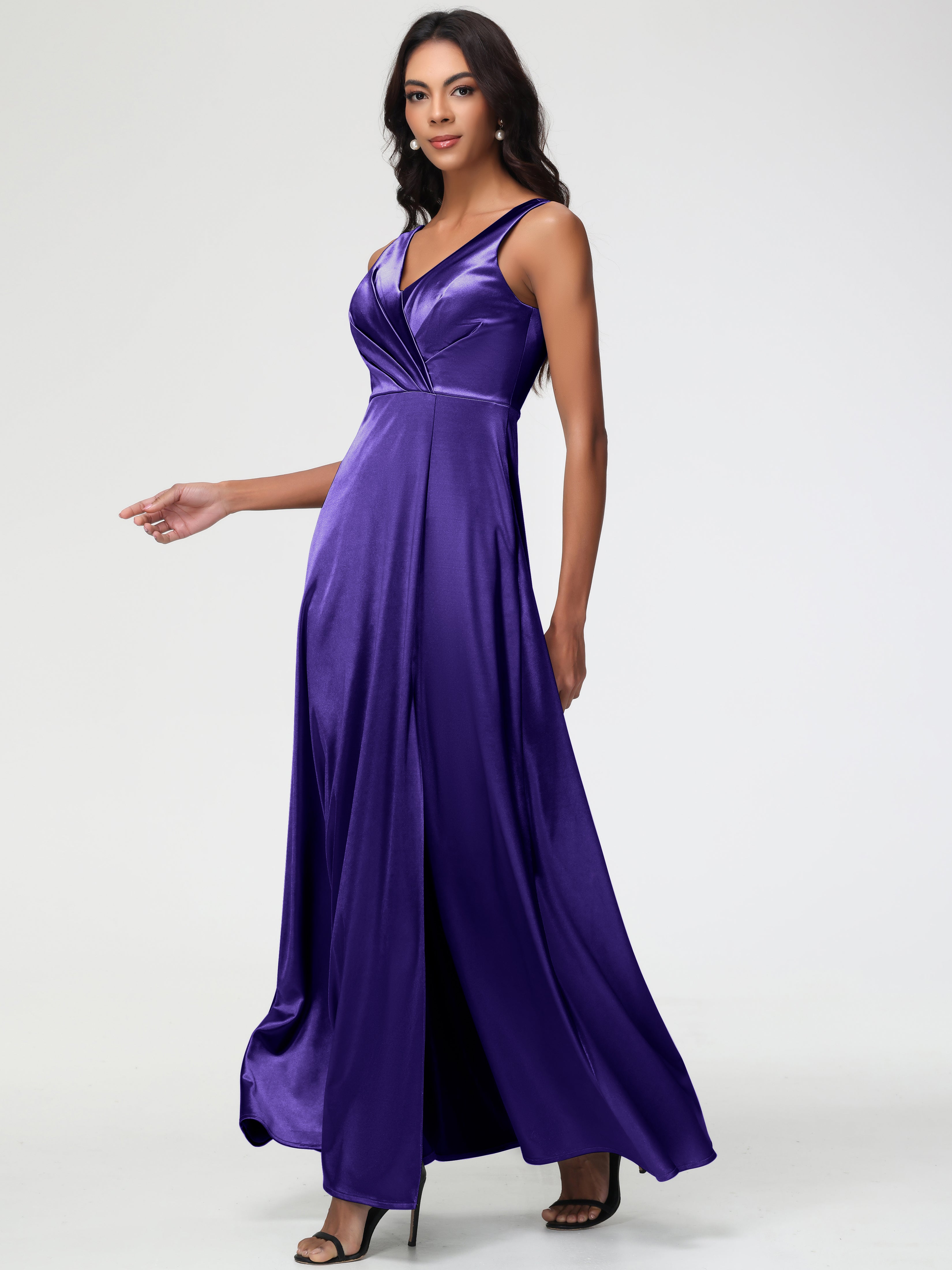 Formal Dresses Regency Purple Sleeveless Stretch Satin V-Neck Floor Length A Line Long Stretch Satin Formal Dresses
