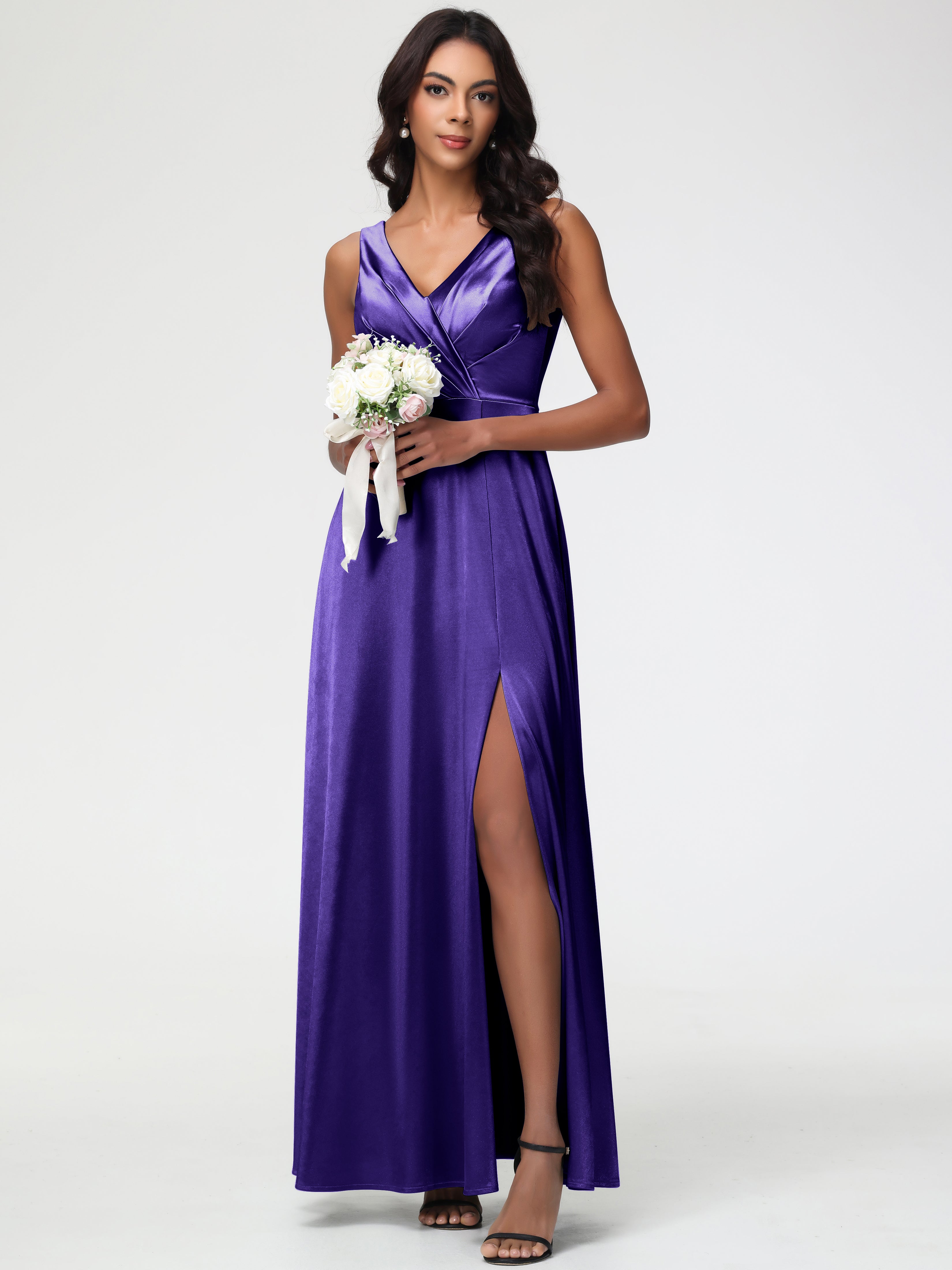 Formal Dresses Regency Purple Sleeveless Stretch Satin V-Neck Floor Length A Line Long Stretch Satin Formal Dresses