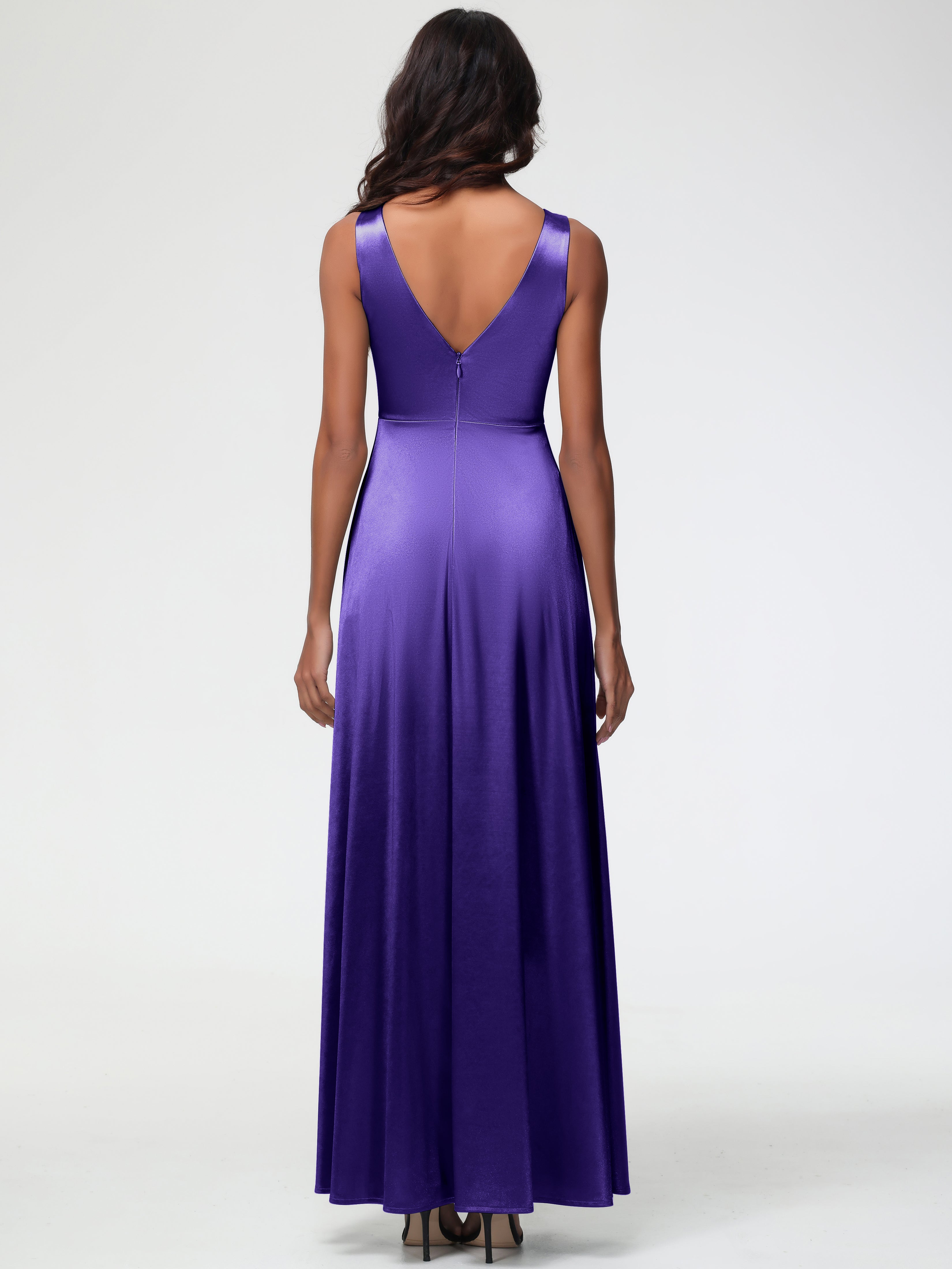 Formal Dresses Regency Purple Sleeveless Stretch Satin V-Neck Floor Length A Line Long Stretch Satin Formal Dresses