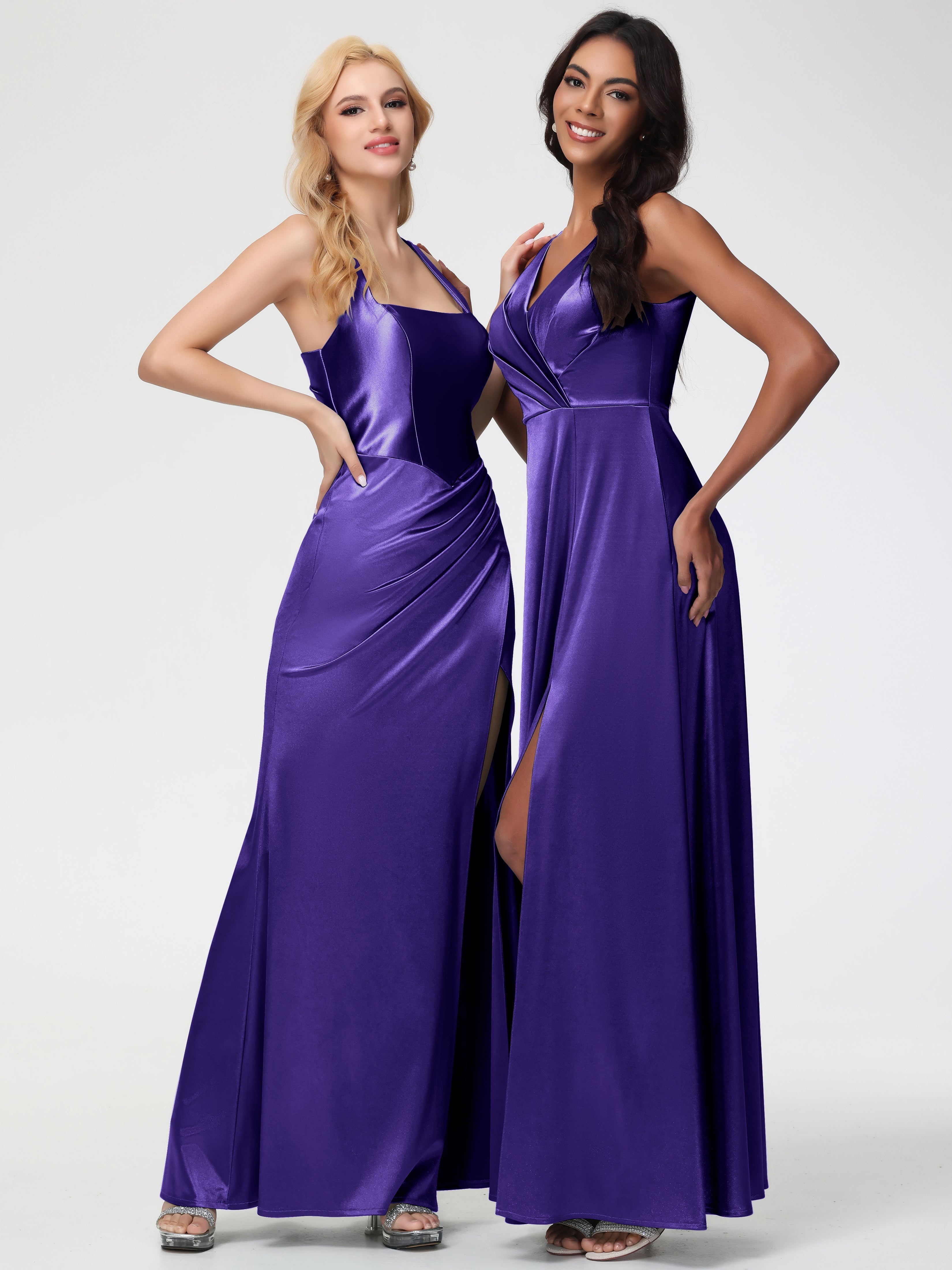 Formal Dresses Regency Purple Sleeveless Stretch Satin V-Neck Floor Length A Line Long Stretch Satin Formal Dresses