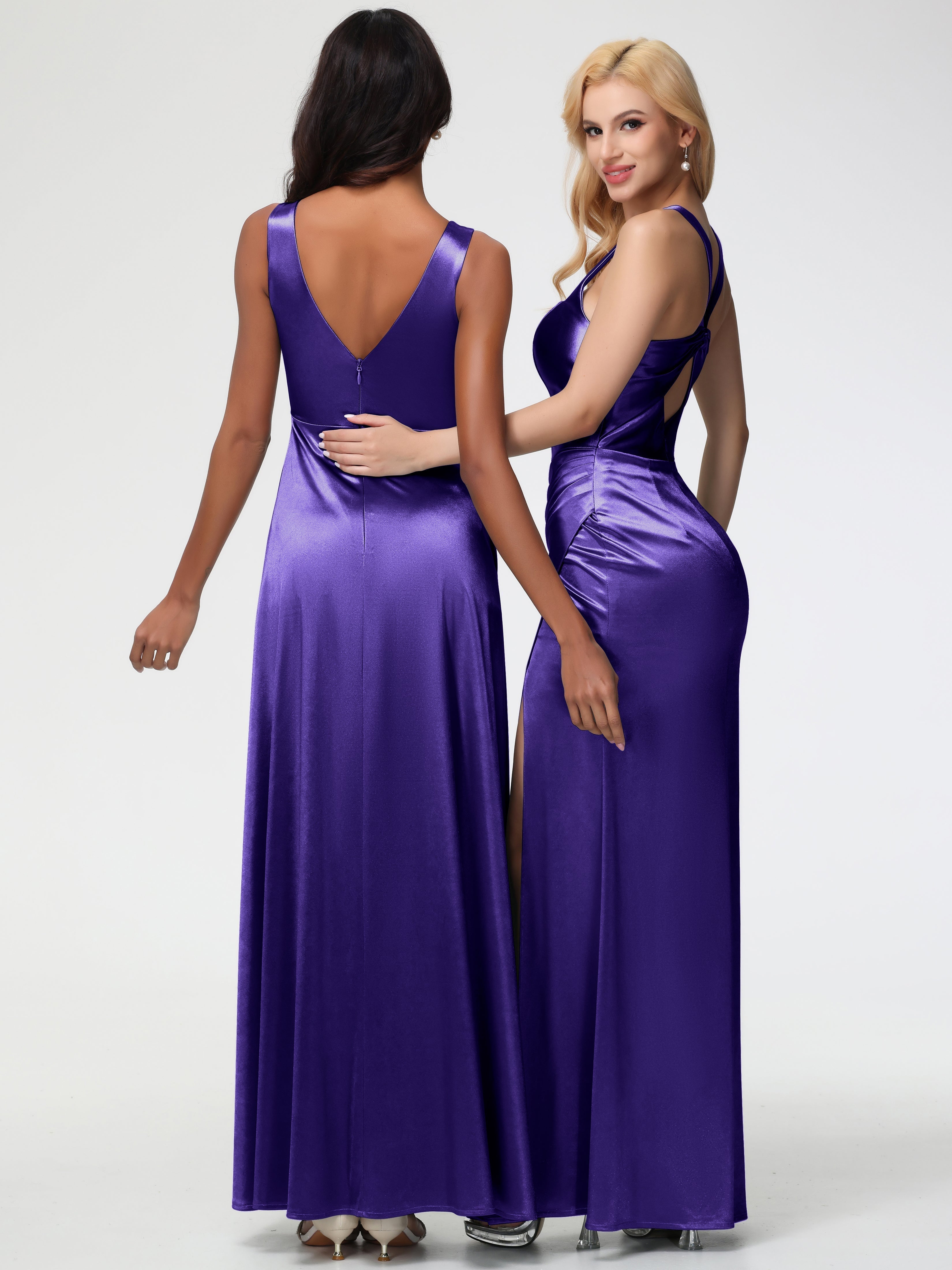 Formal Dresses Regency Purple Sleeveless Stretch Satin V-Neck Floor Length A Line Long Stretch Satin Formal Dresses