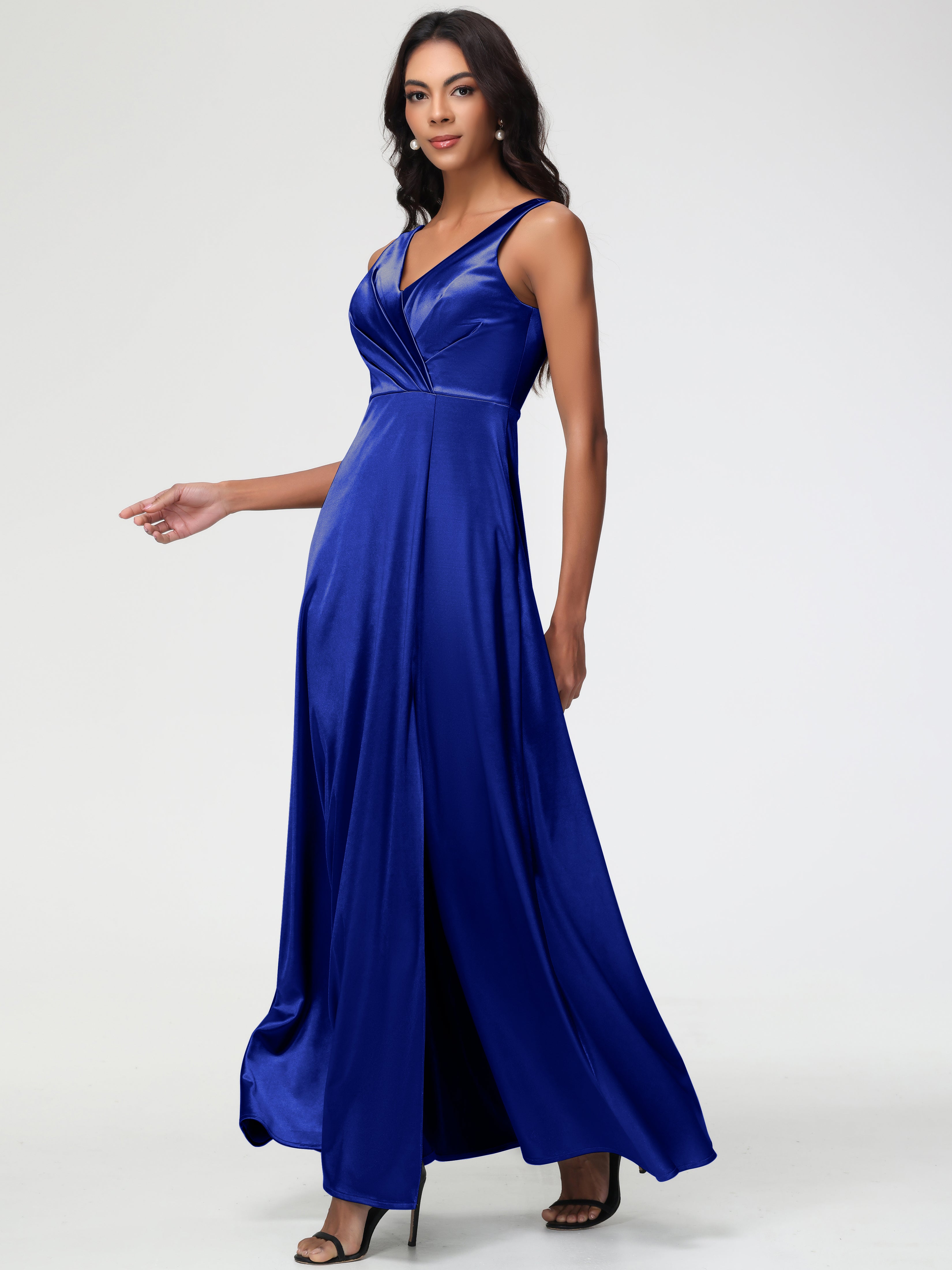 Royal Blue Formal Dresses Boohoo Sleeveless Stretch Satin V-Neck Floor Length A Line Long Stretch Satin Formal Dresses