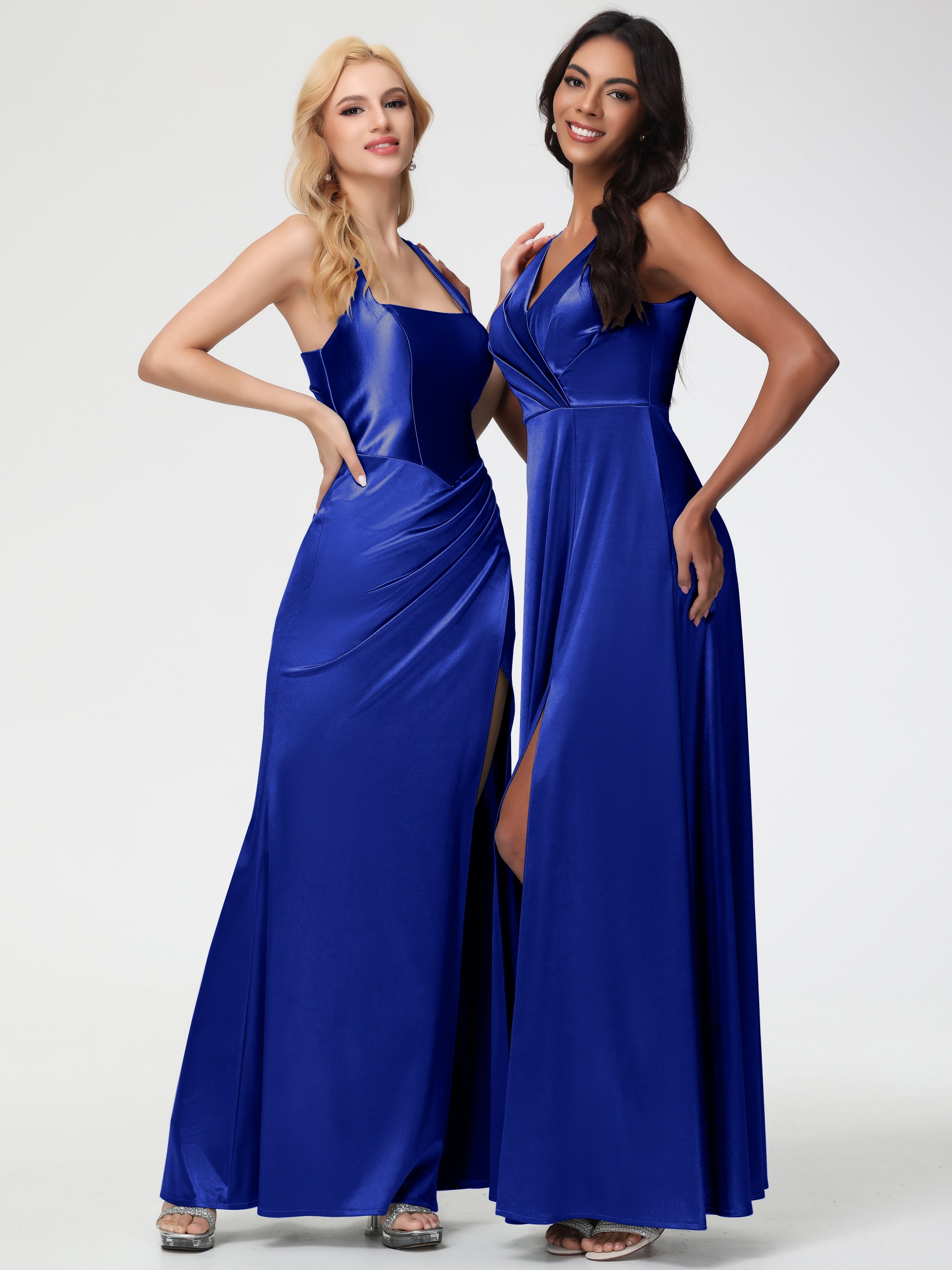 Royal Blue Formal Dresses Boohoo Sleeveless Stretch Satin V-Neck Floor Length A Line Long Stretch Satin Formal Dresses