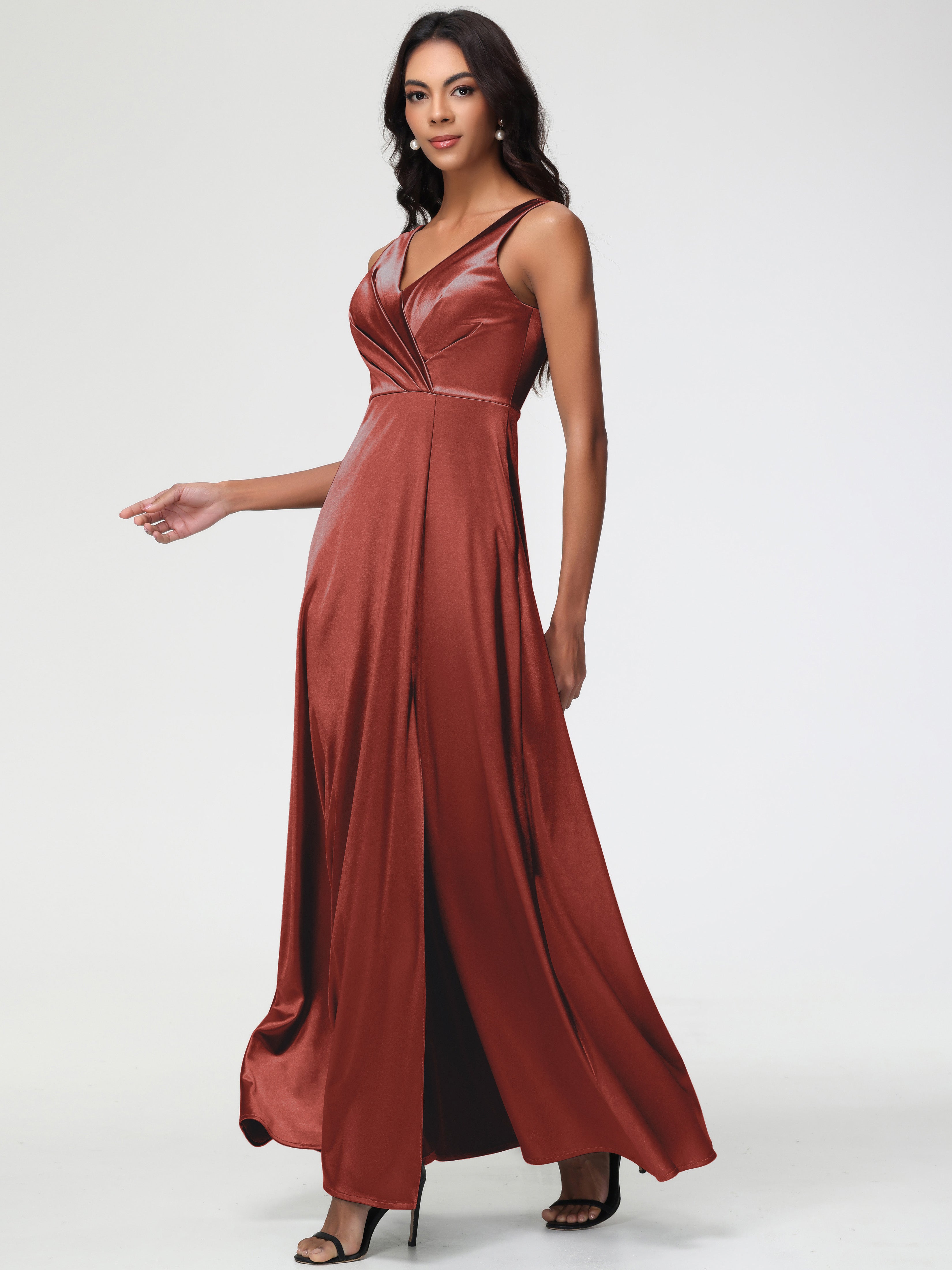 Satin Rust Orange Formal Dresses Sleeveless Stretch Satin V-Neck Floor Length A Line Long Stretch Satin Formal Dresses