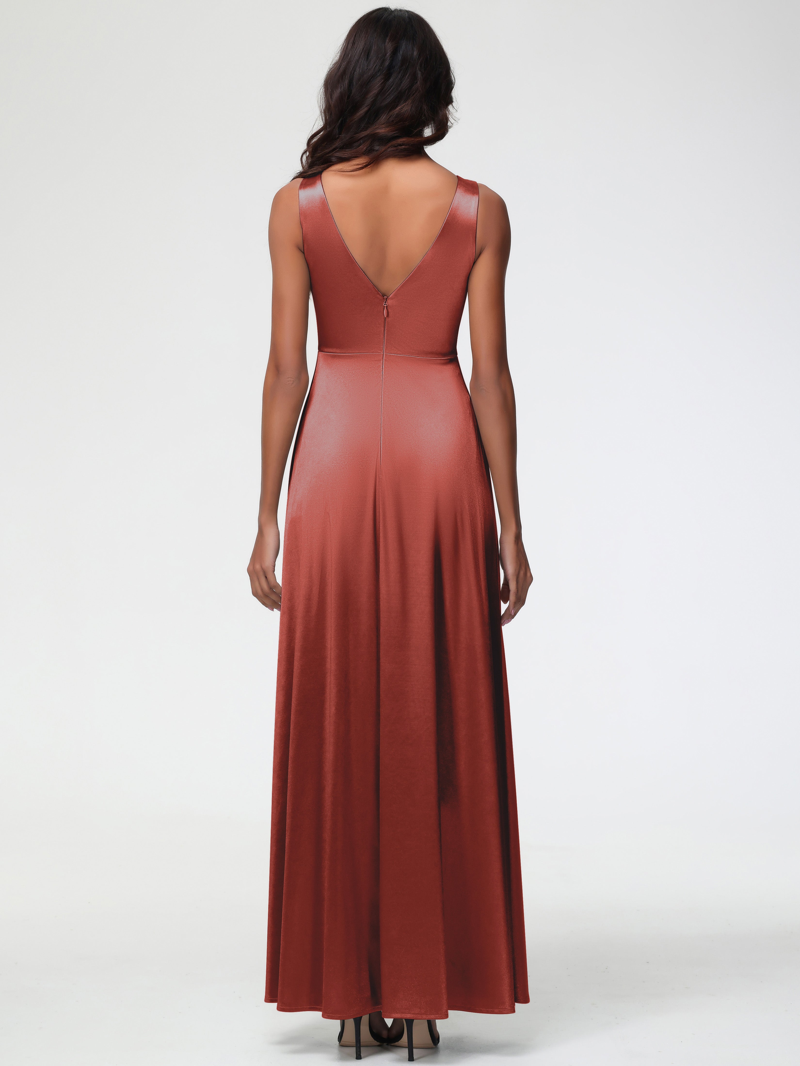 Satin Rust Orange Formal Dresses Sleeveless Stretch Satin V-Neck Floor Length A Line Long Stretch Satin Formal Dresses