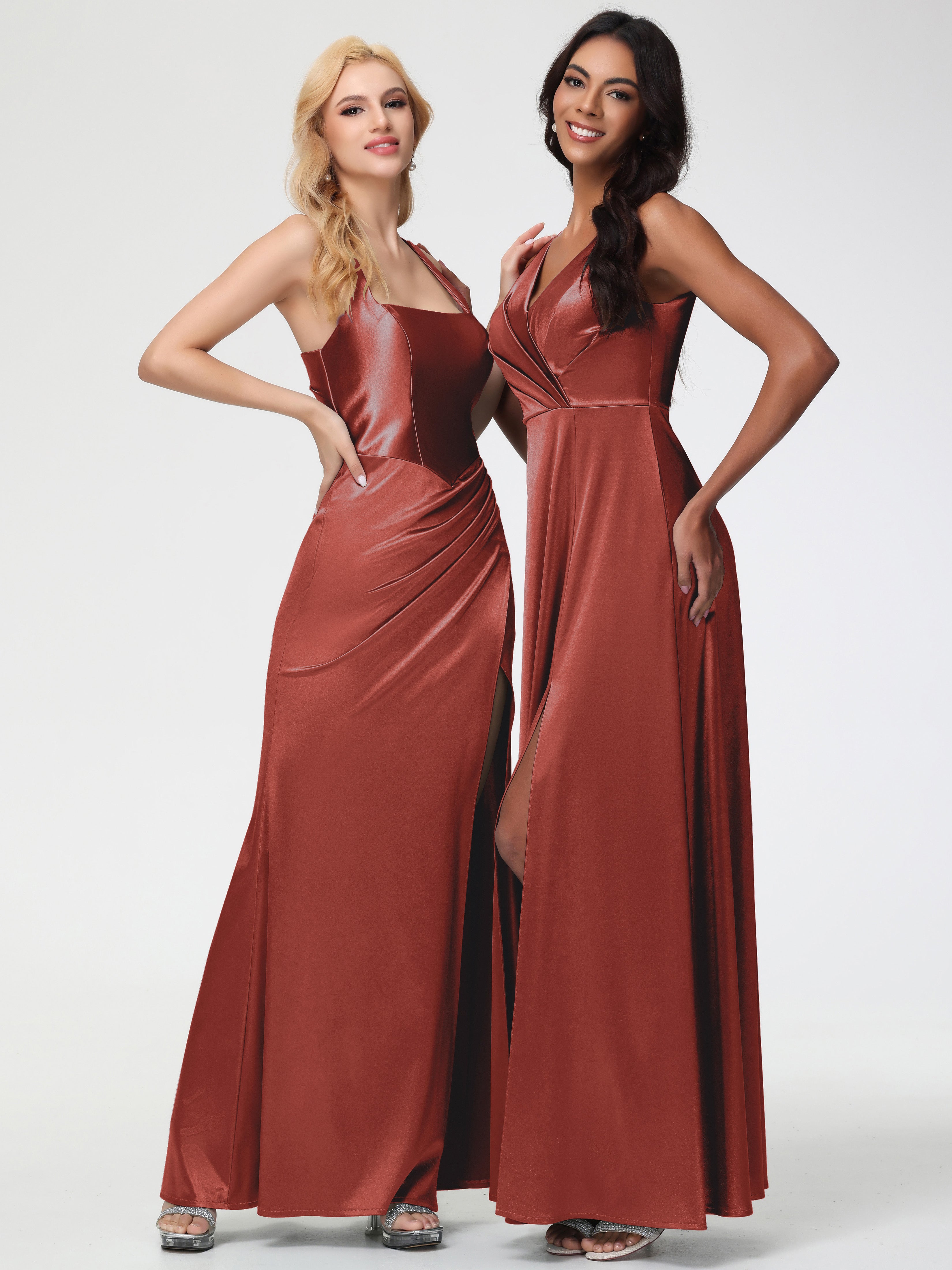 Satin Rust Orange Formal Dresses Sleeveless Stretch Satin V-Neck Floor Length A Line Long Stretch Satin Formal Dresses