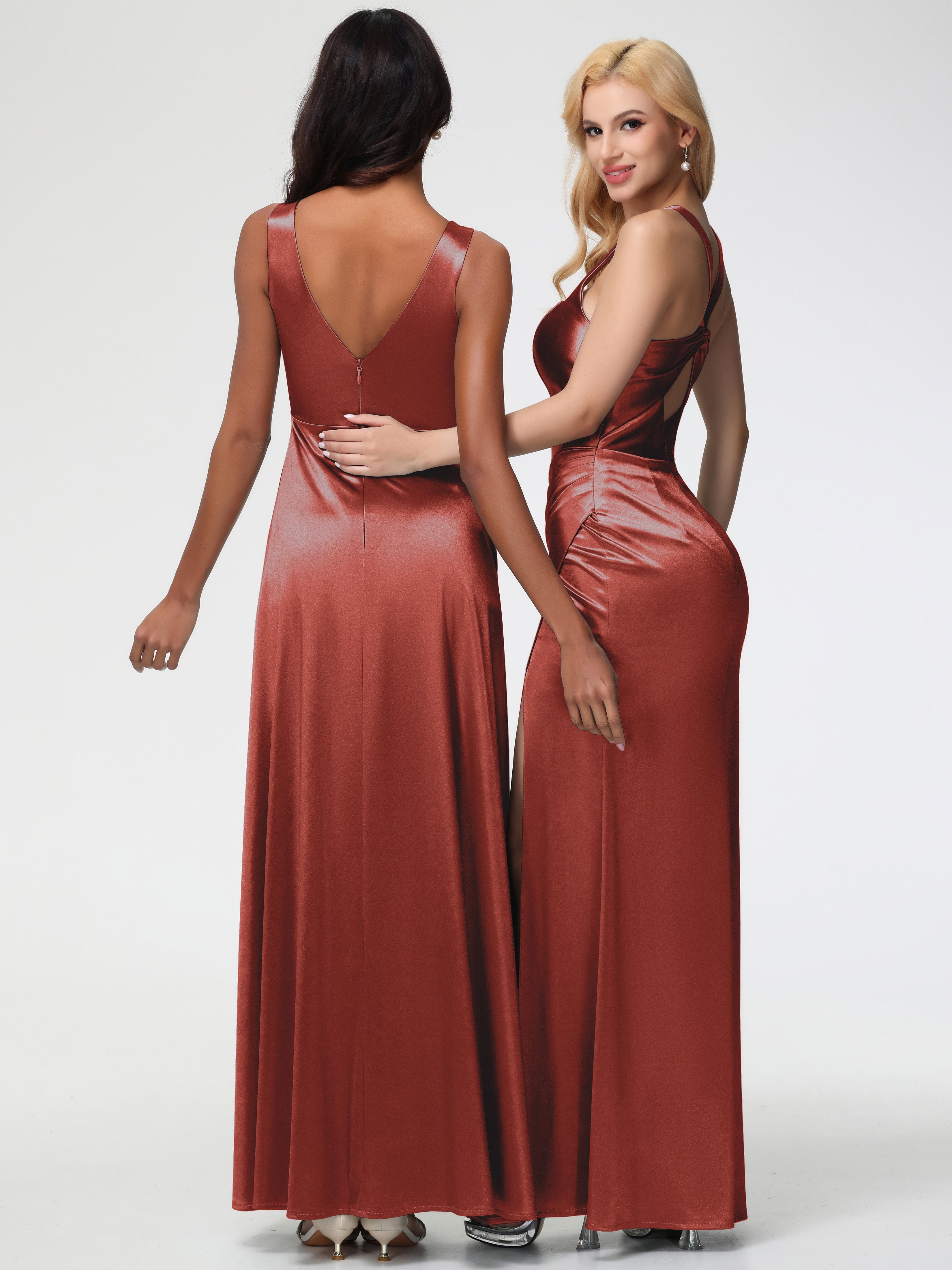 Satin Rust Orange Formal Dresses Sleeveless Stretch Satin V-Neck Floor Length A Line Long Stretch Satin Formal Dresses