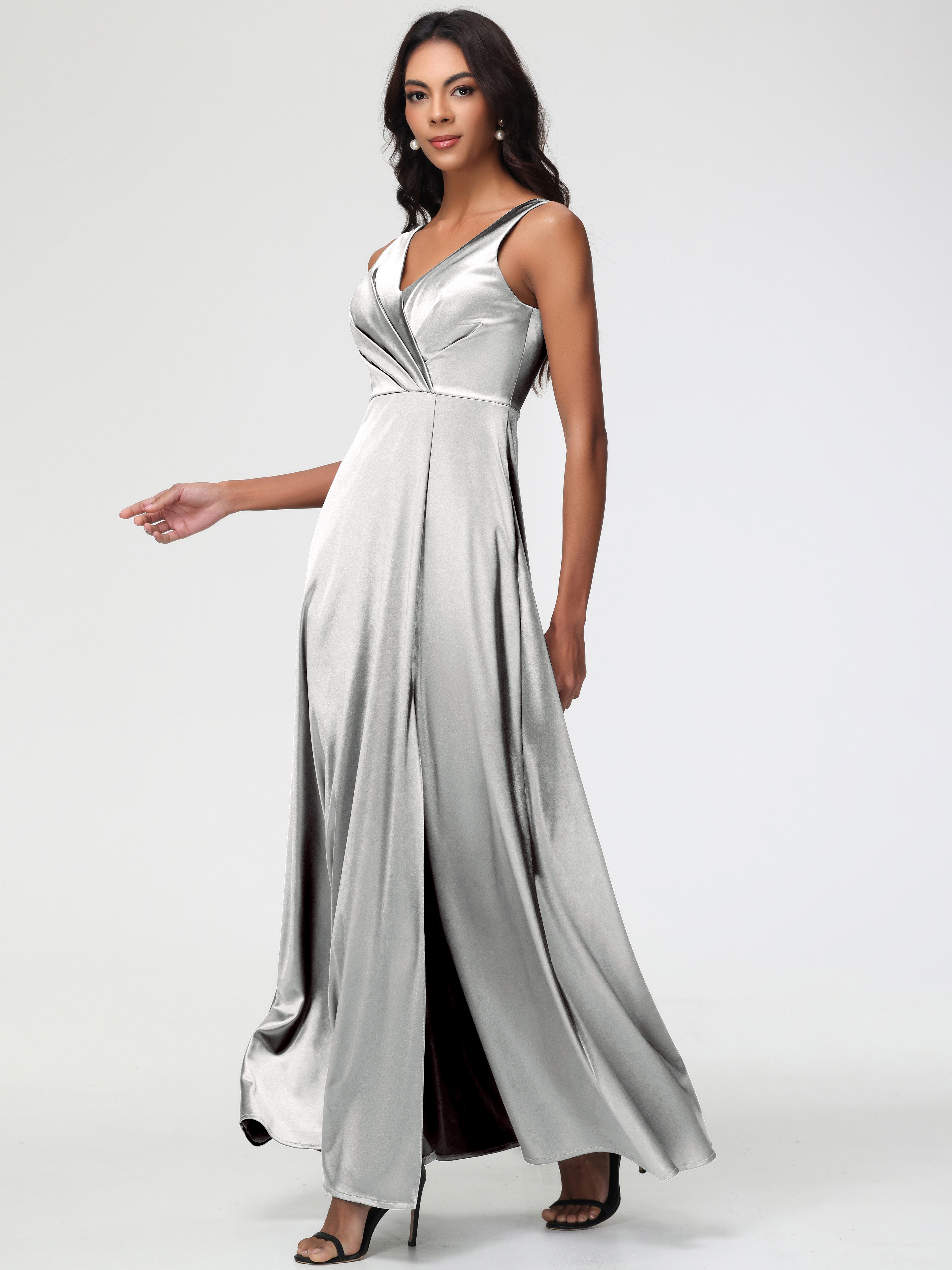 Silver Girls Formal Dress Sleeveless Stretch Satin V-Neck Floor Length A Line Long Stretch Satin Formal Dresses